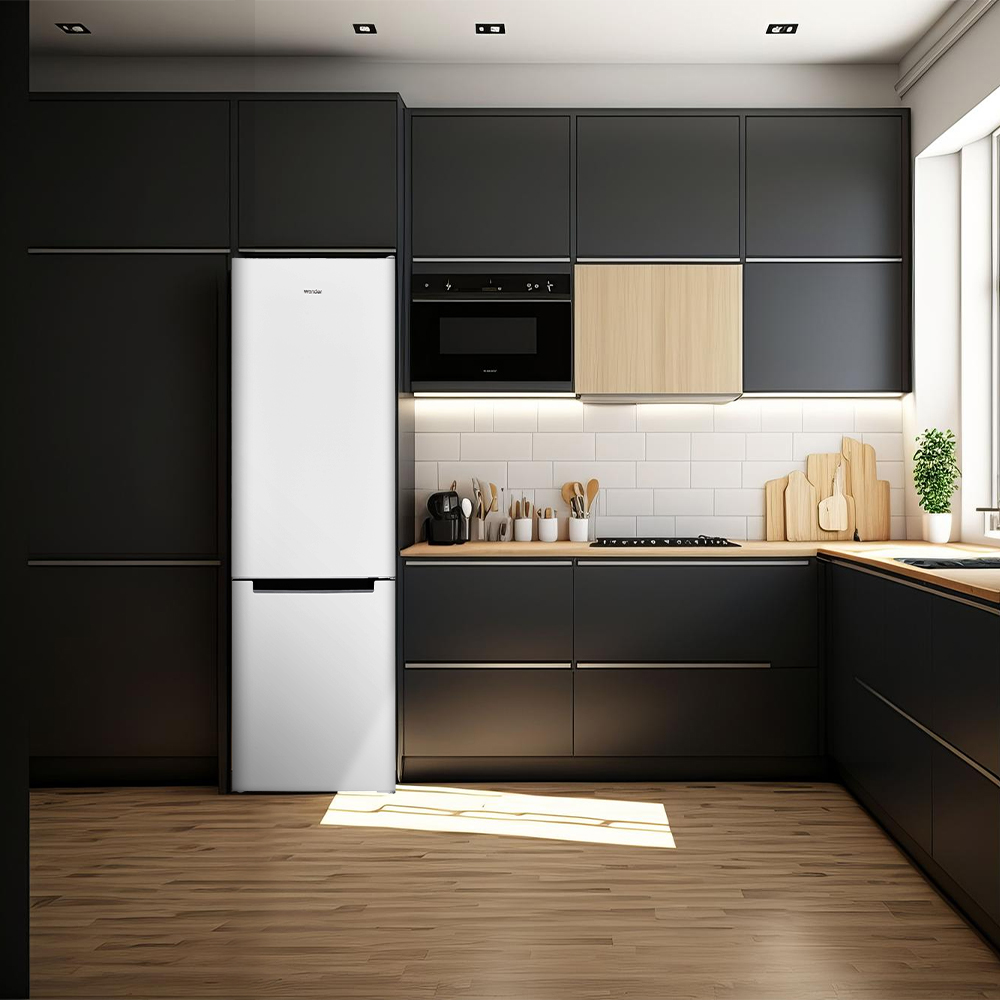 Moderna cocina con gabinetes negros mate, refrigerador blanco y suelo de madera con luz solar.