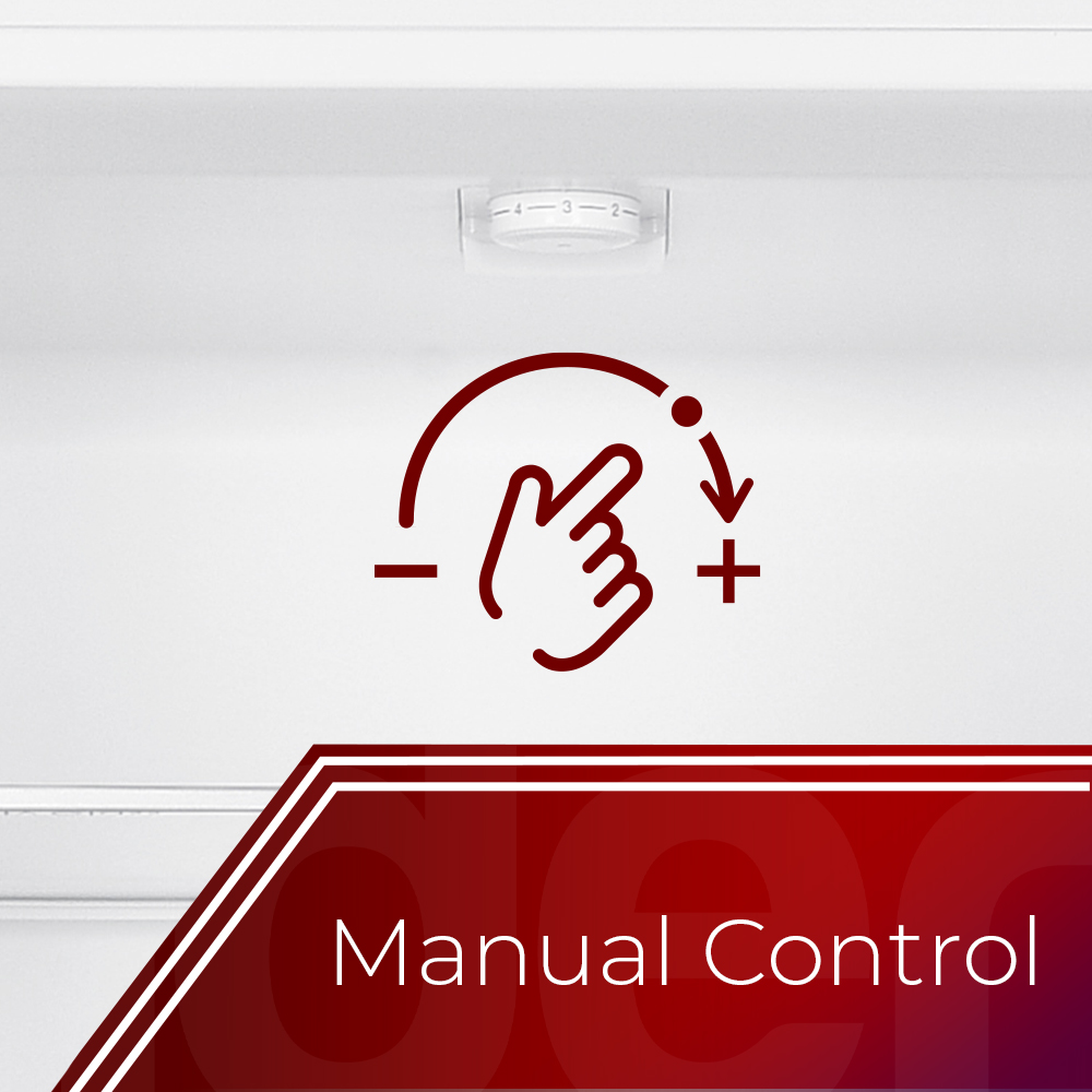 Un icono rojo muestra el control manual de temperatura con signos de más y menos.