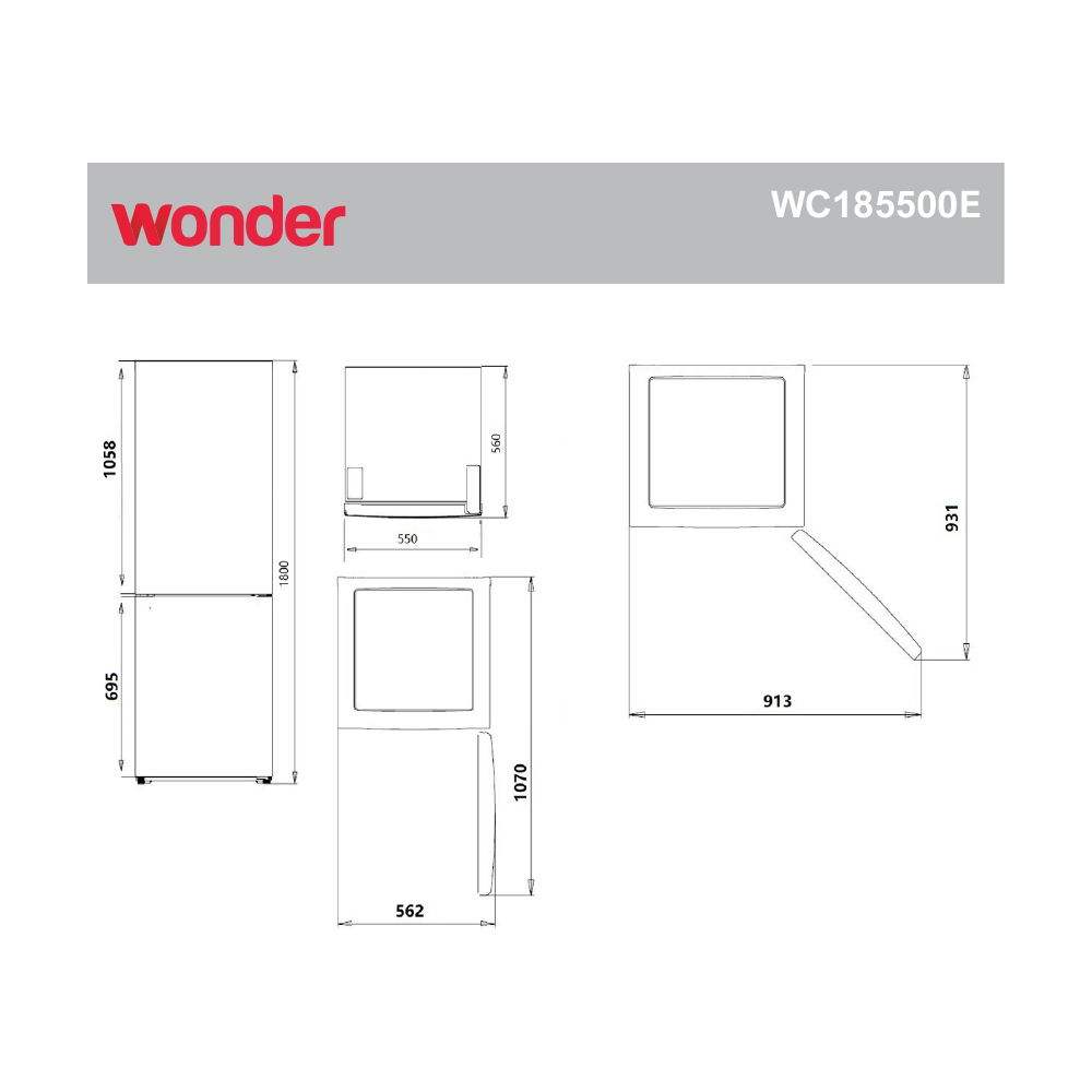 Dibujo técnico del frigorífico Wonder WC185500E con medidas dimensionales desde varios ángulos.
