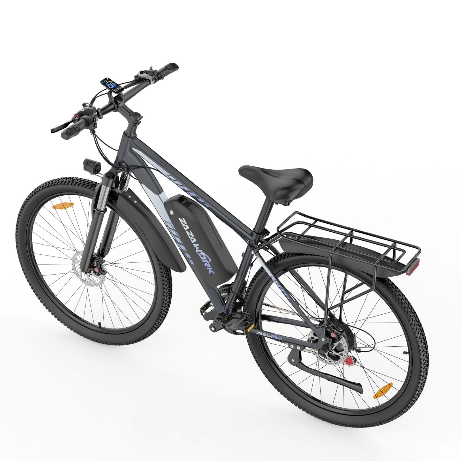 Una bicicleta eléctrica gris con batería, parrilla trasera y pantalla sobre fondo blanco.