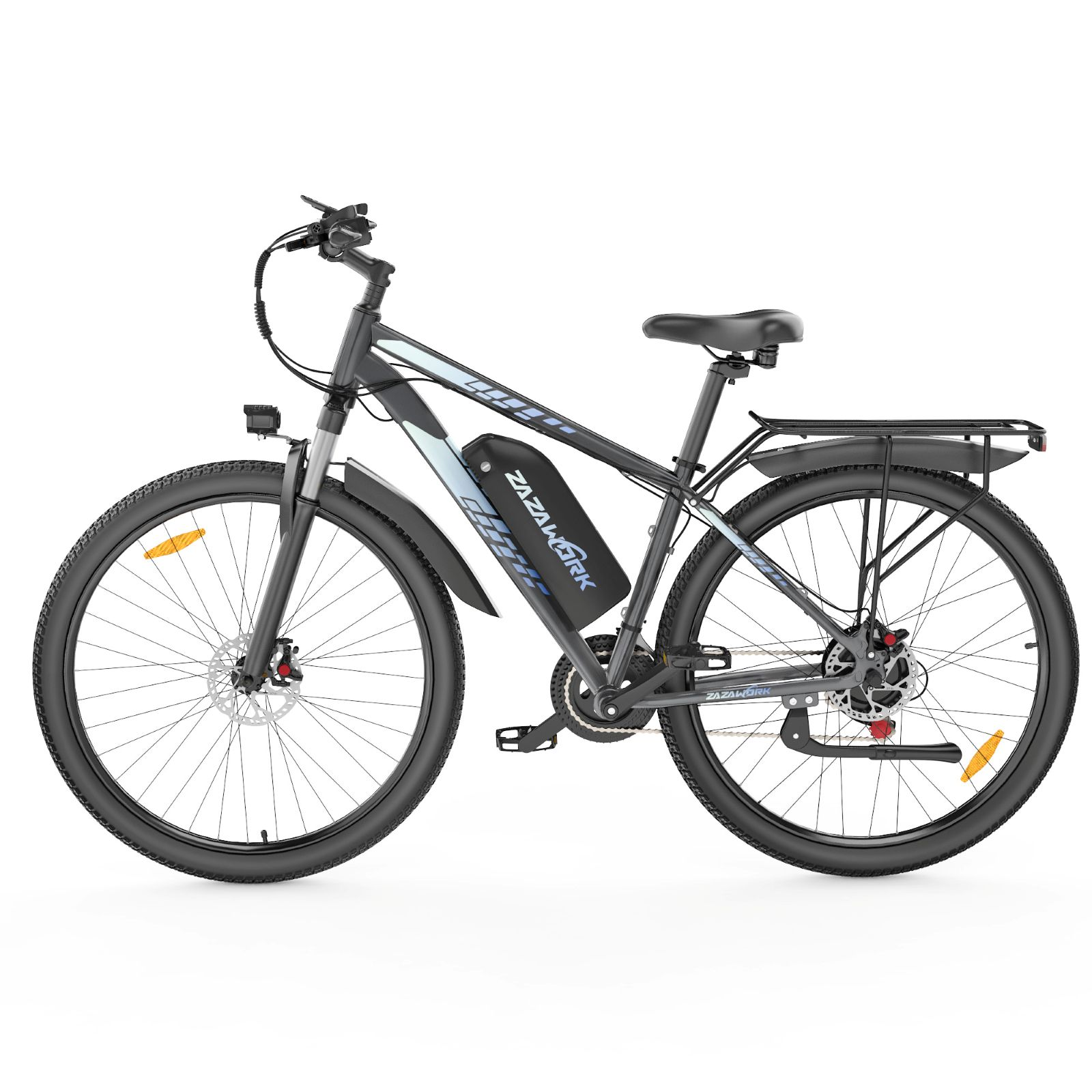 Una bicicleta eléctrica gris con batería en el cuadro, portaequipajes y guardabarros sobre fondo blanco.