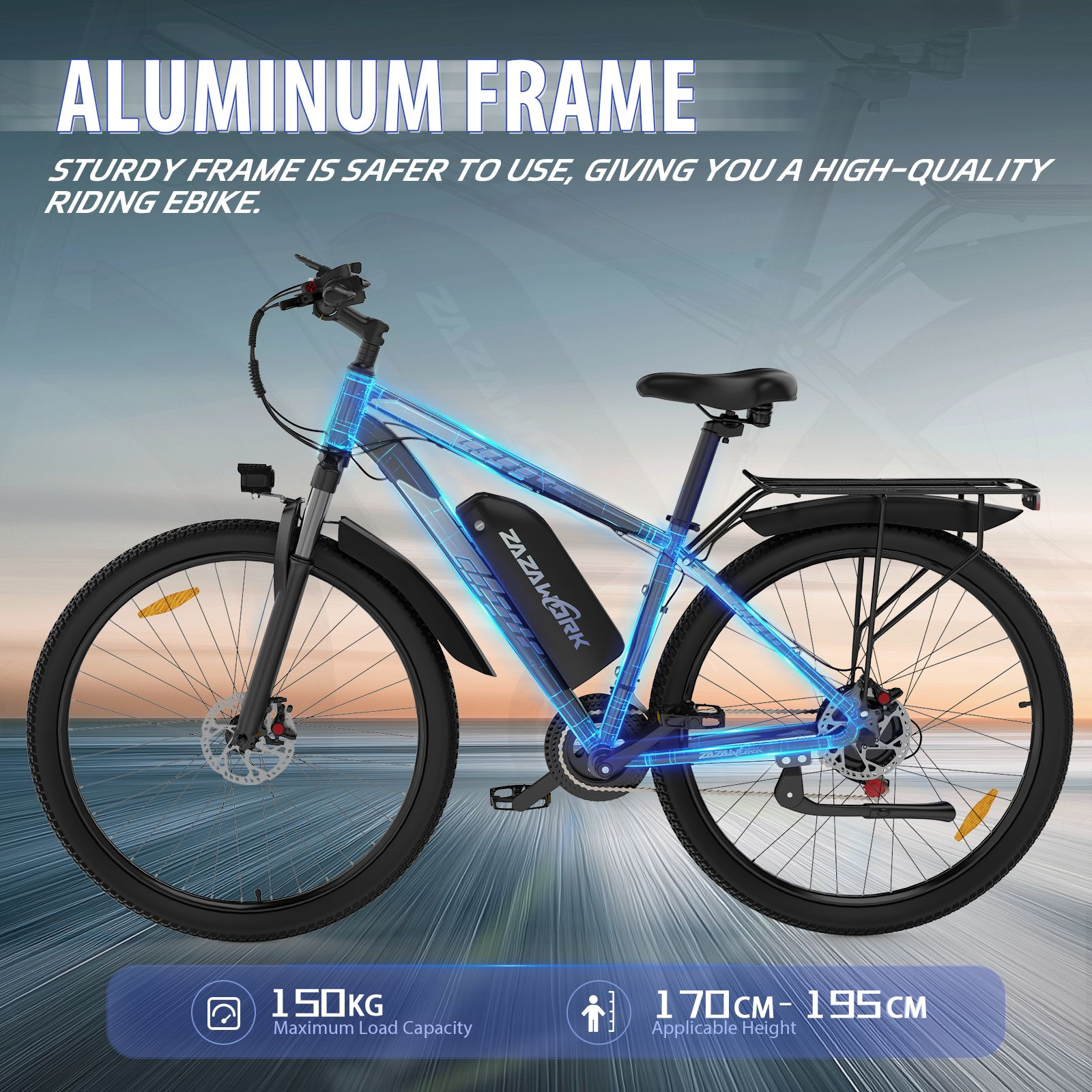 Gráfico de e-bike azul resaltando el cuadro de aluminio con especificaciones.