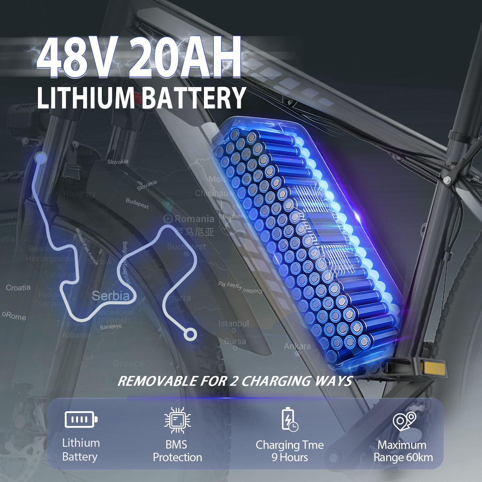 Batería de litio de 48V 20Ah en un cuadro de bicicleta con celdas azules, texto superpuesto y funciones.