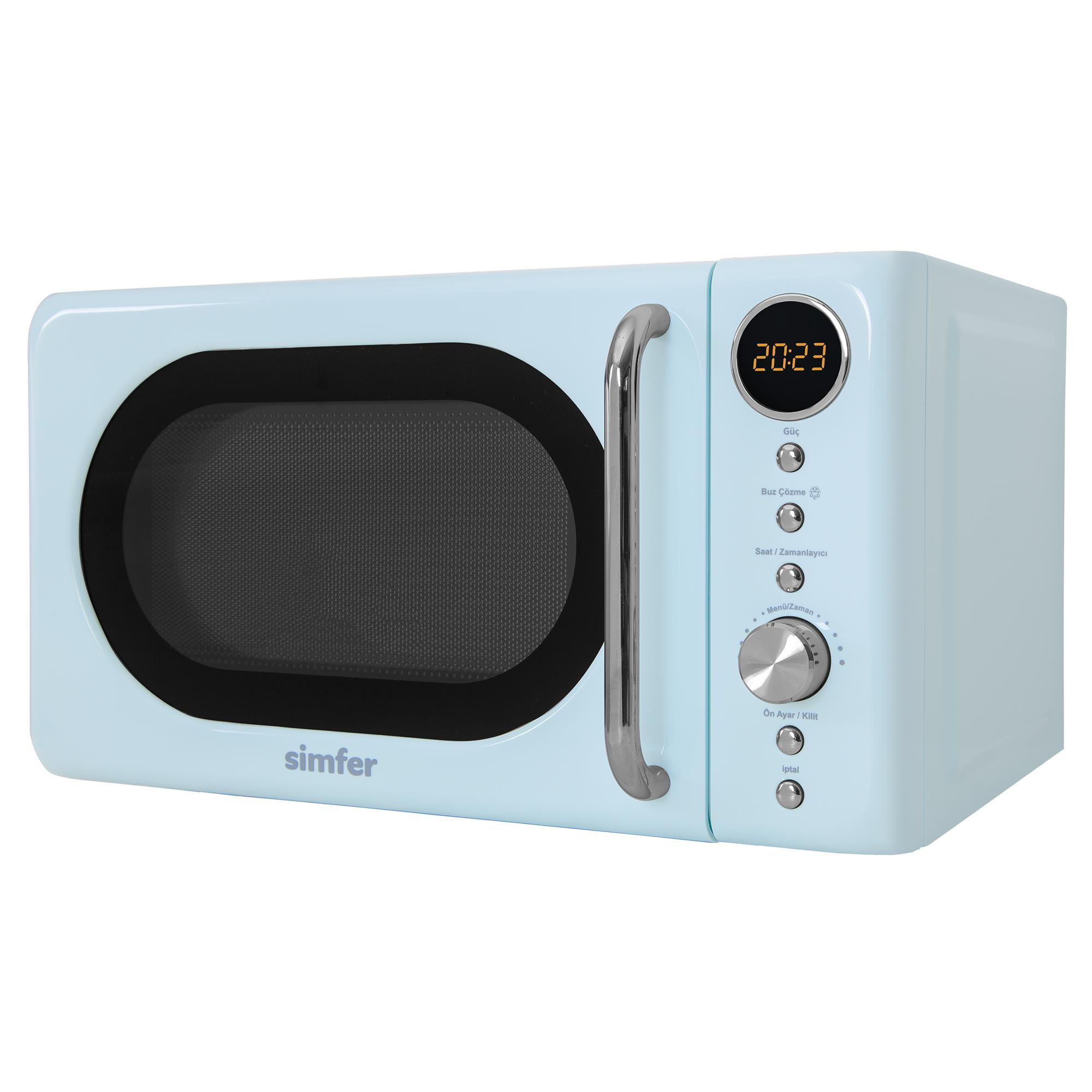 Yuvarlak dijital ekranlı, gümüş kulplu ve kontrol düğmeli açık mavi retro tarzı mikrodalga.