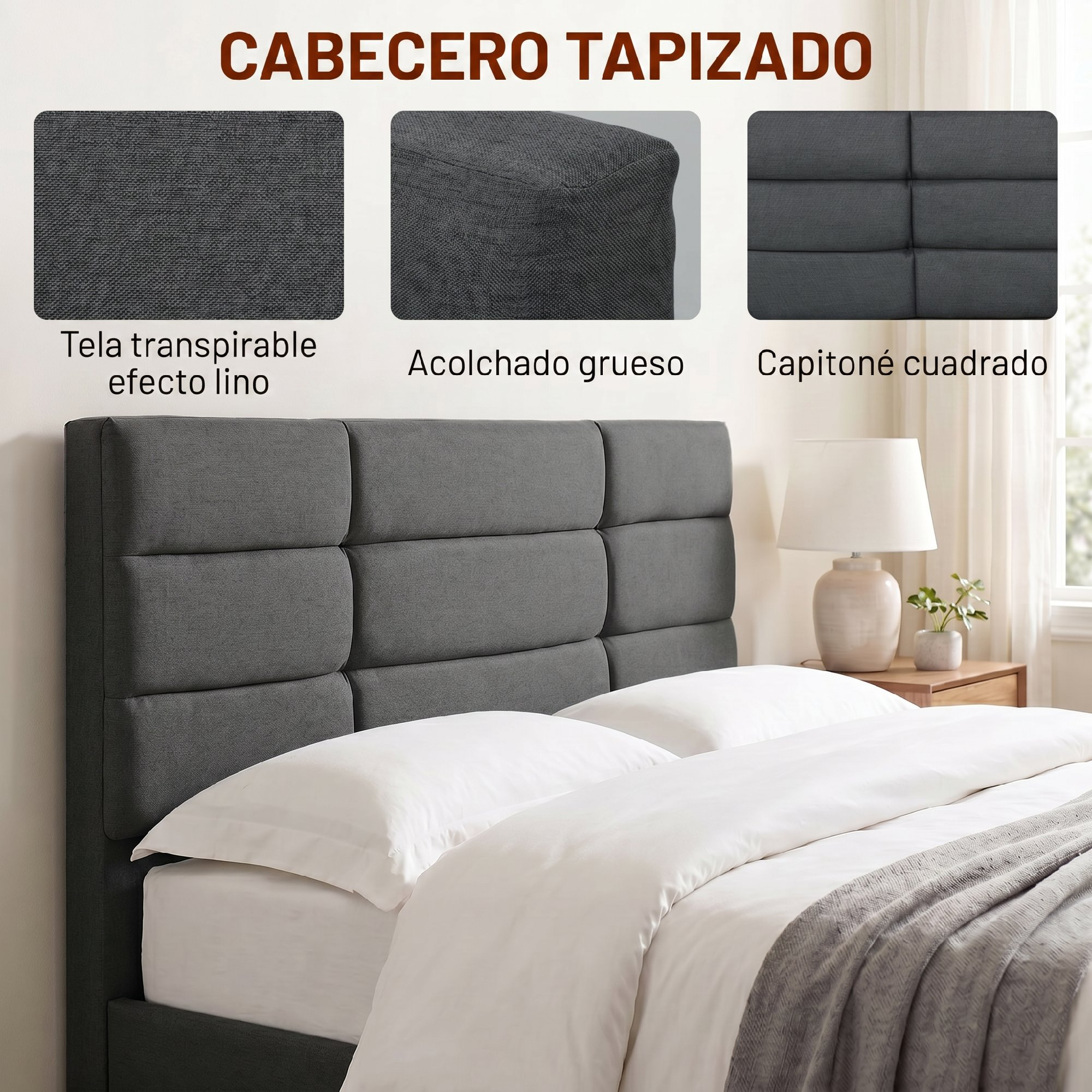 Cabecero tapizado gris efecto lino con costuras cuadradas y cama blanca en un dormitorio.