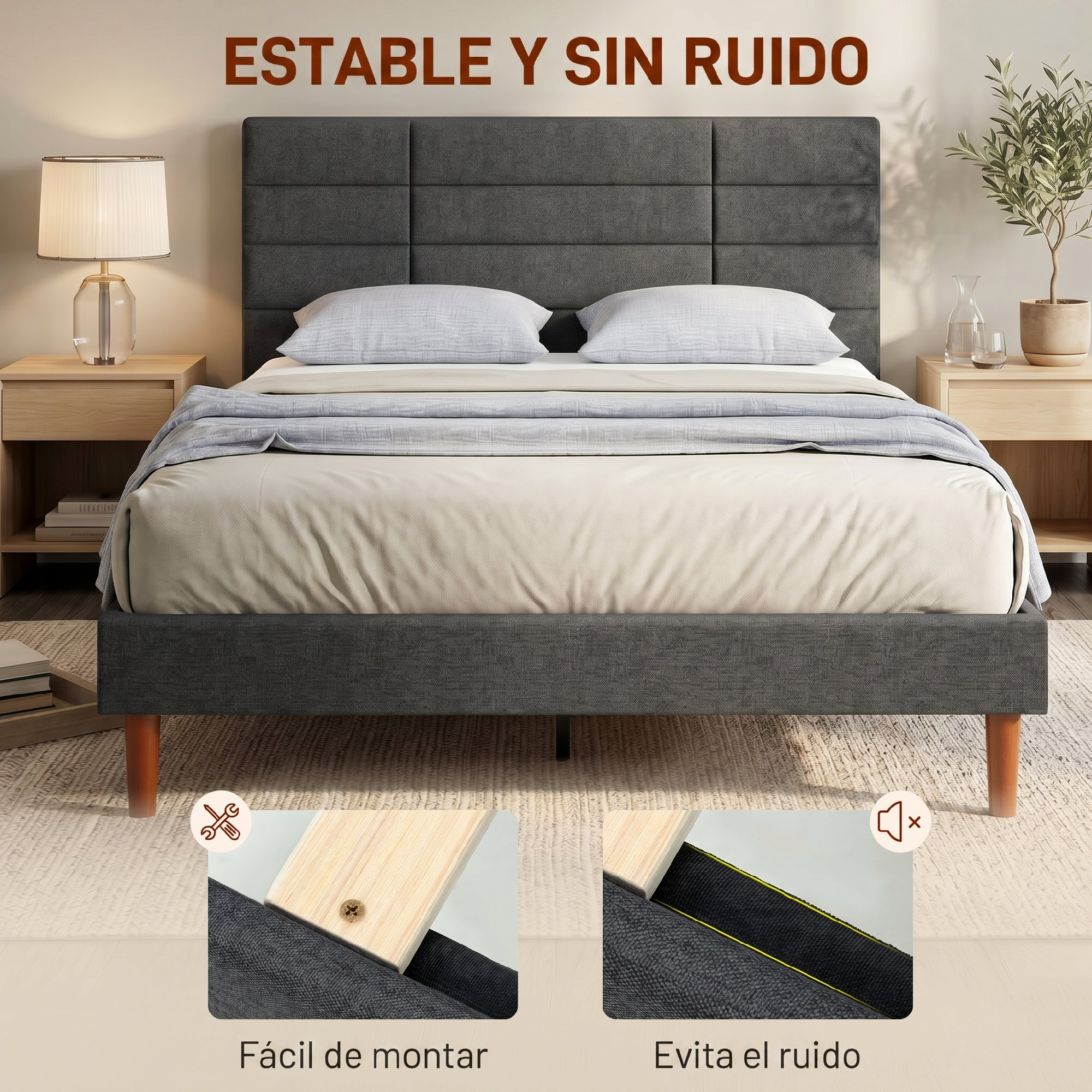 Cama tapizada en gris con patas de madera, mesitas de noche y detalles que muestran su fácil montaje y cero ruido.
