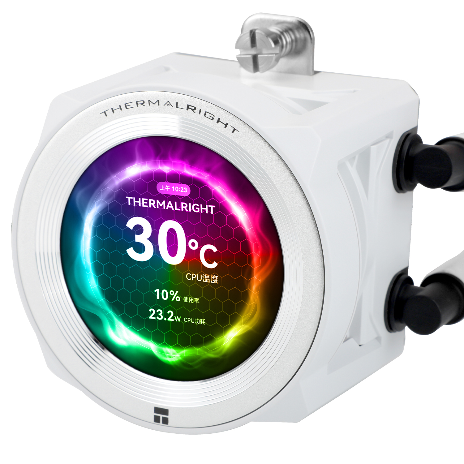 Bloque de agua CPU Thermalright blanco con pantalla digital redonda que muestra 30°C, 10% de uso y 23.2W.
