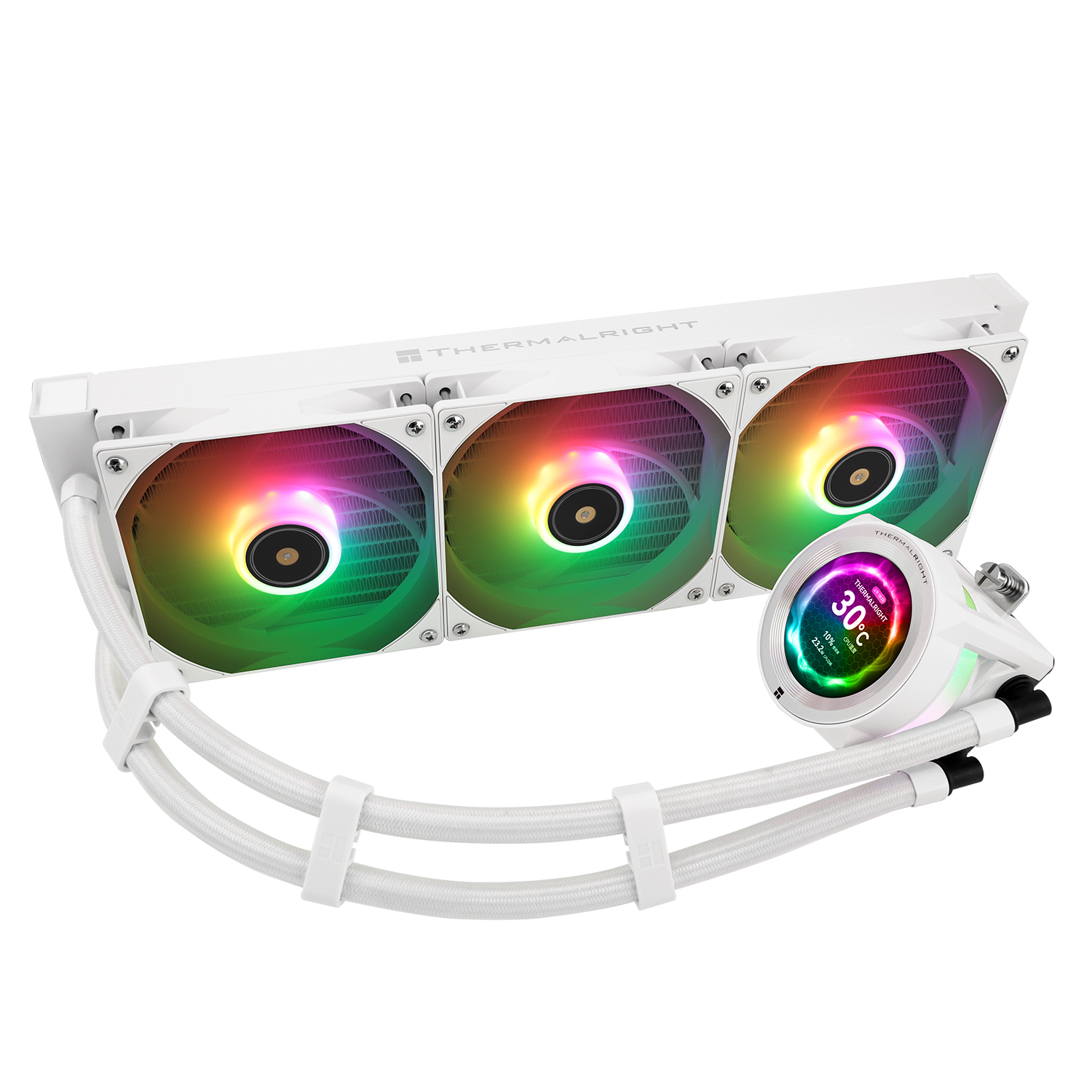 Un enfriador de agua para PC blanco con tres ventiladores RGB y una pantalla redonda conectados por tubos blancos.