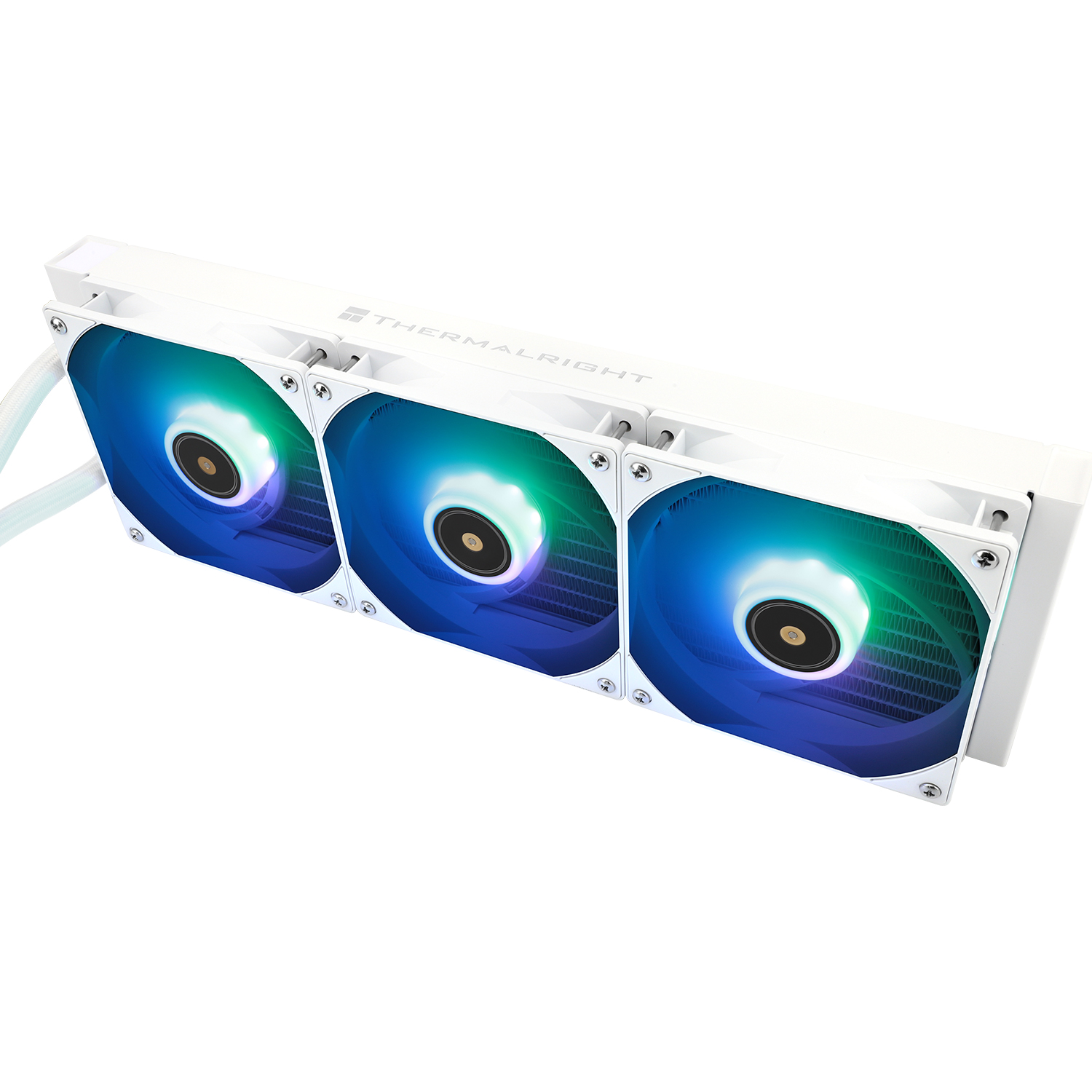 Un refrigerador líquido de CPU Thermalright blanco con tres ventiladores RGB sobre fondo blanco.