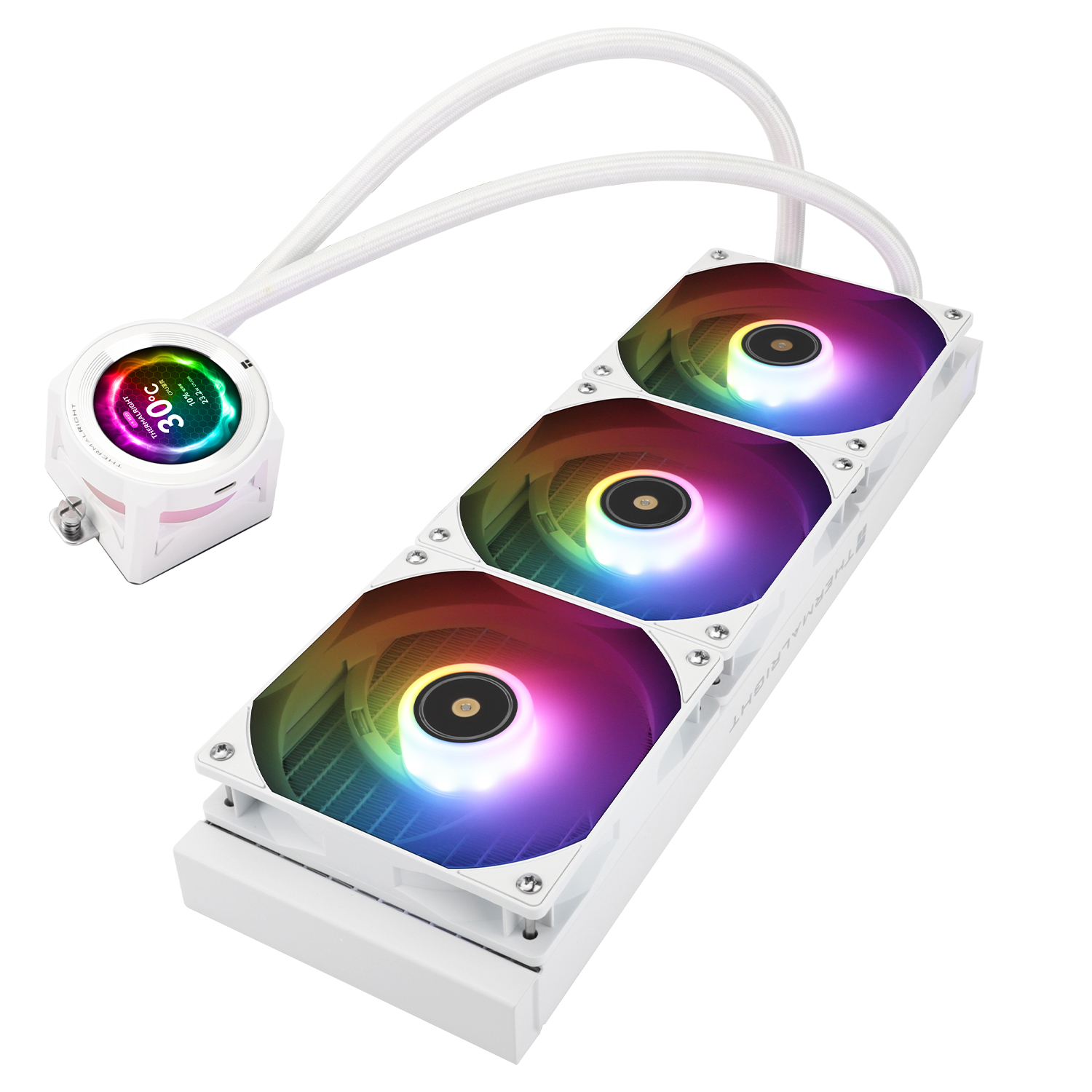 Un enfriador líquido de CPU blanco con tres ventiladores RGB y una pantalla redonda en la bomba.