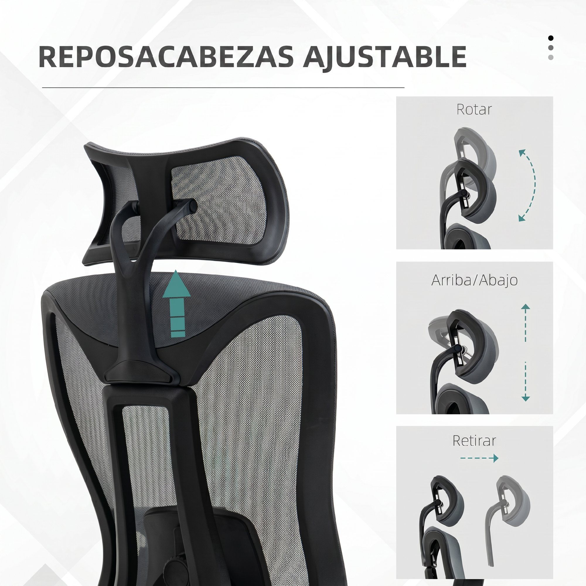 Silla de oficina con reposacabezas de malla ajustable en rotacion, altura y extraccion.