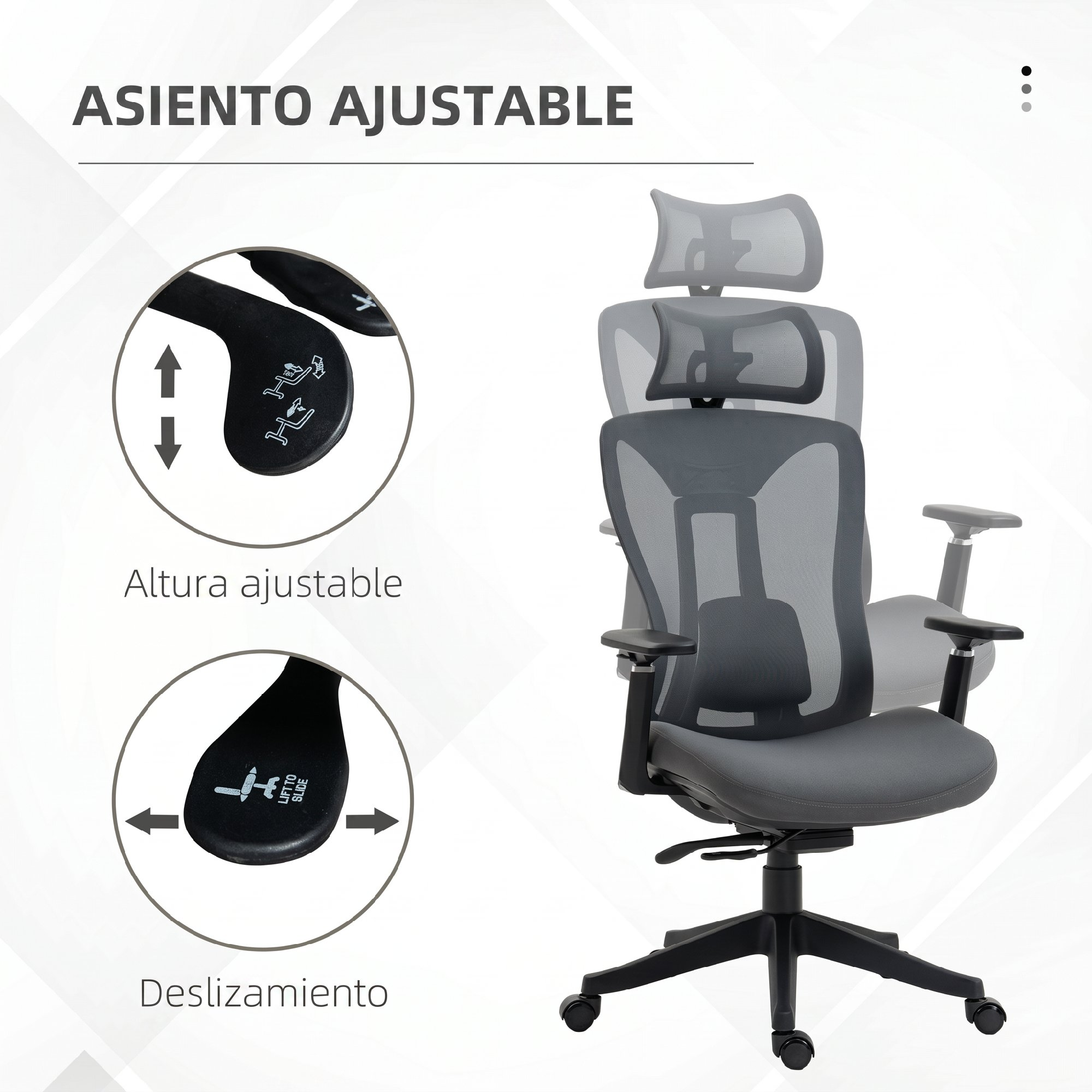 Diagrama que muestra la altura ajustable y funciones de deslizamiento de una silla de oficina gris.
