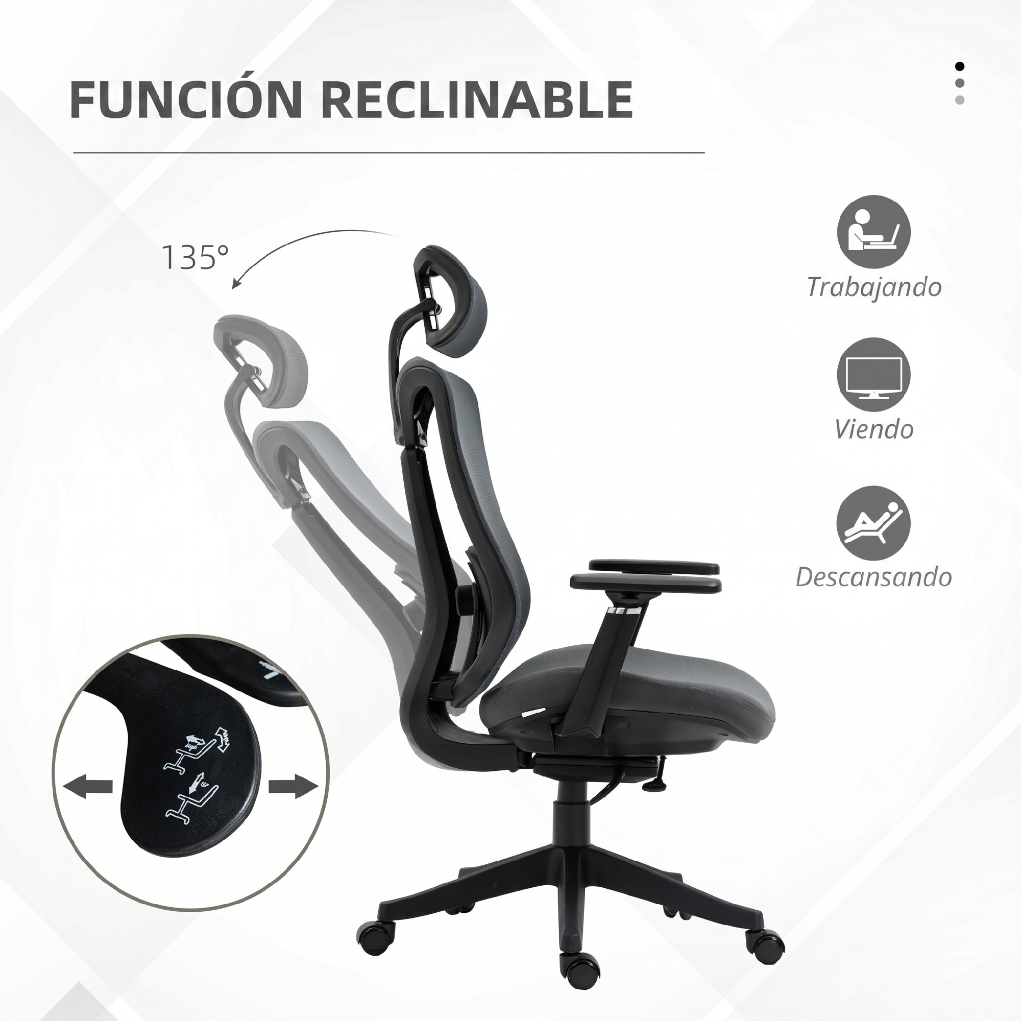 Silla de oficina ergonómica gris con función reclinable de 135 grados y palancas.