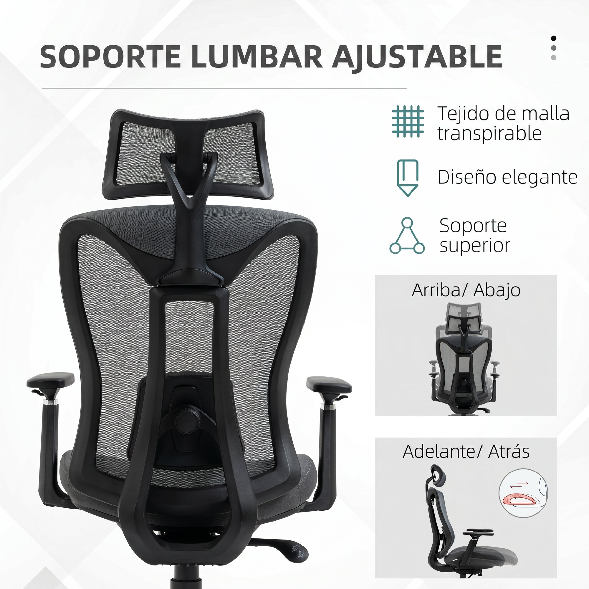 Silla ergonómica negra con soporte lumbar ajustable, malla transpirable e iconos de características.