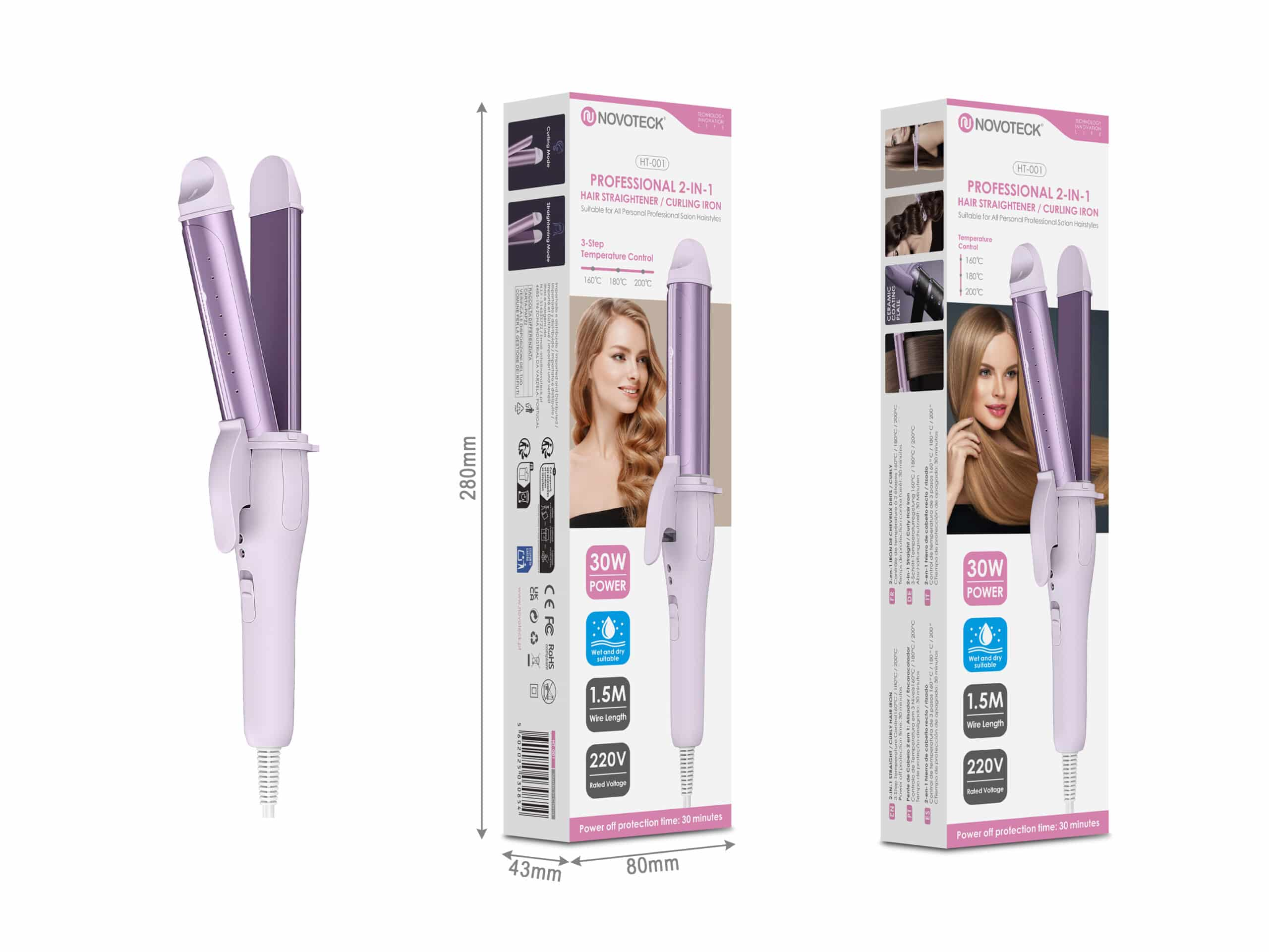 Piastra per capelli e ferro arricciacapelli viola con confezione e dimensioni.