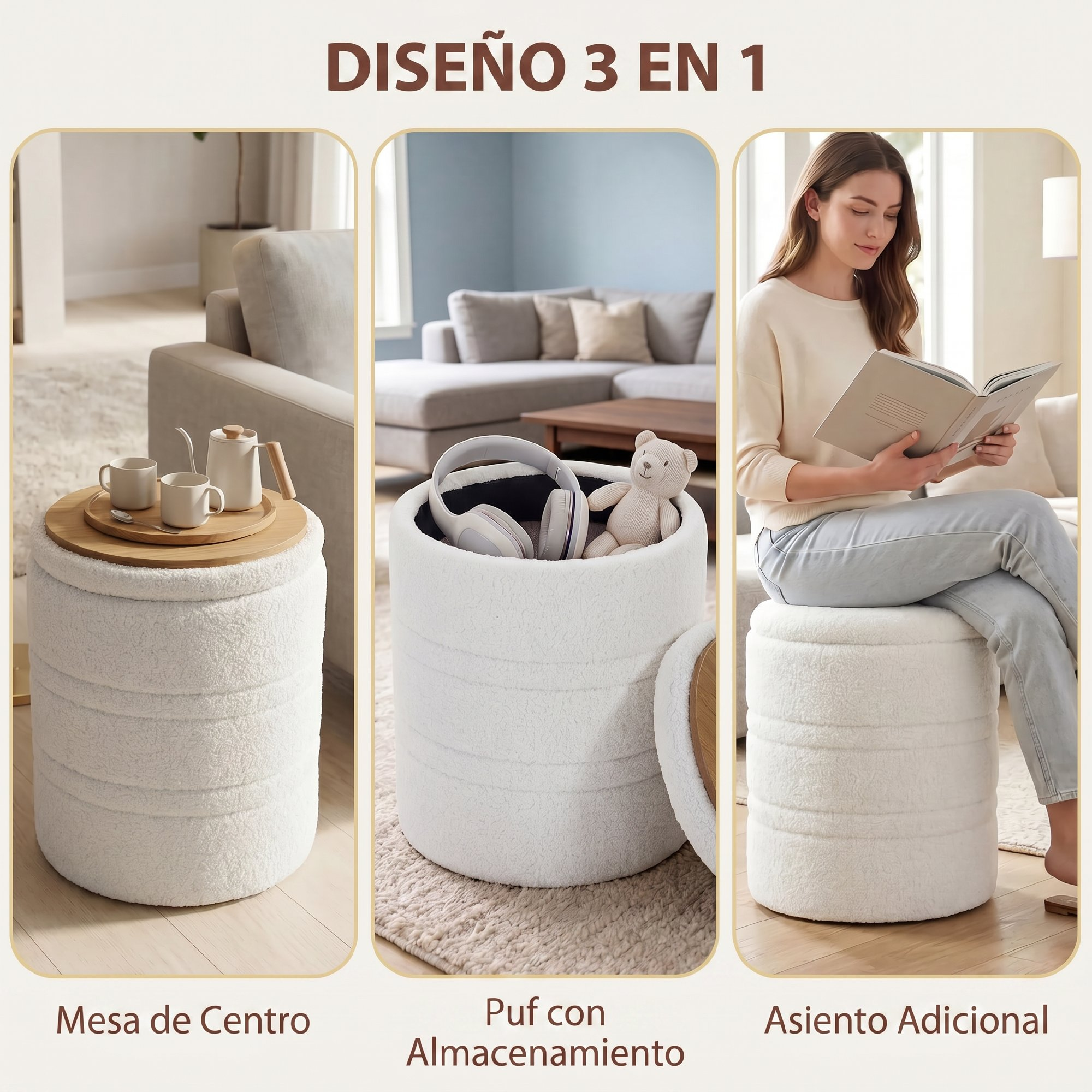 Un puf blanco y peludo 3 en 1 que sirve como mesa, almacenamiento y asiento.