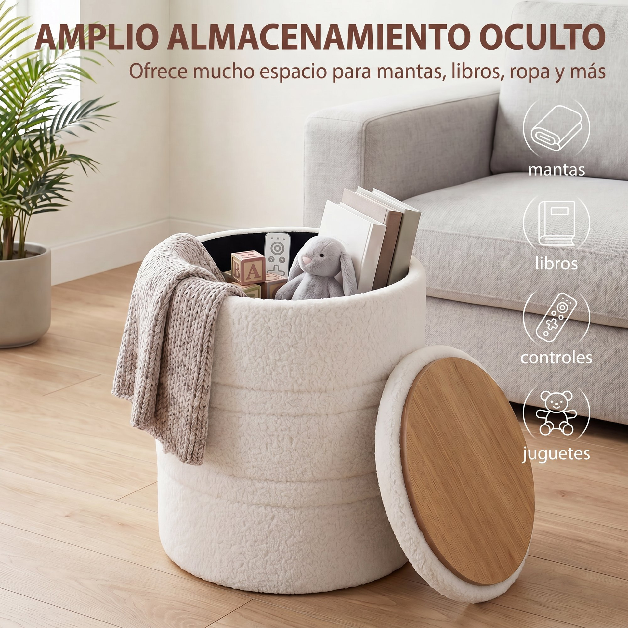 Puf de almacenamiento blanco y esponjoso con tapa de madera extraíble frente a un sofá gris.