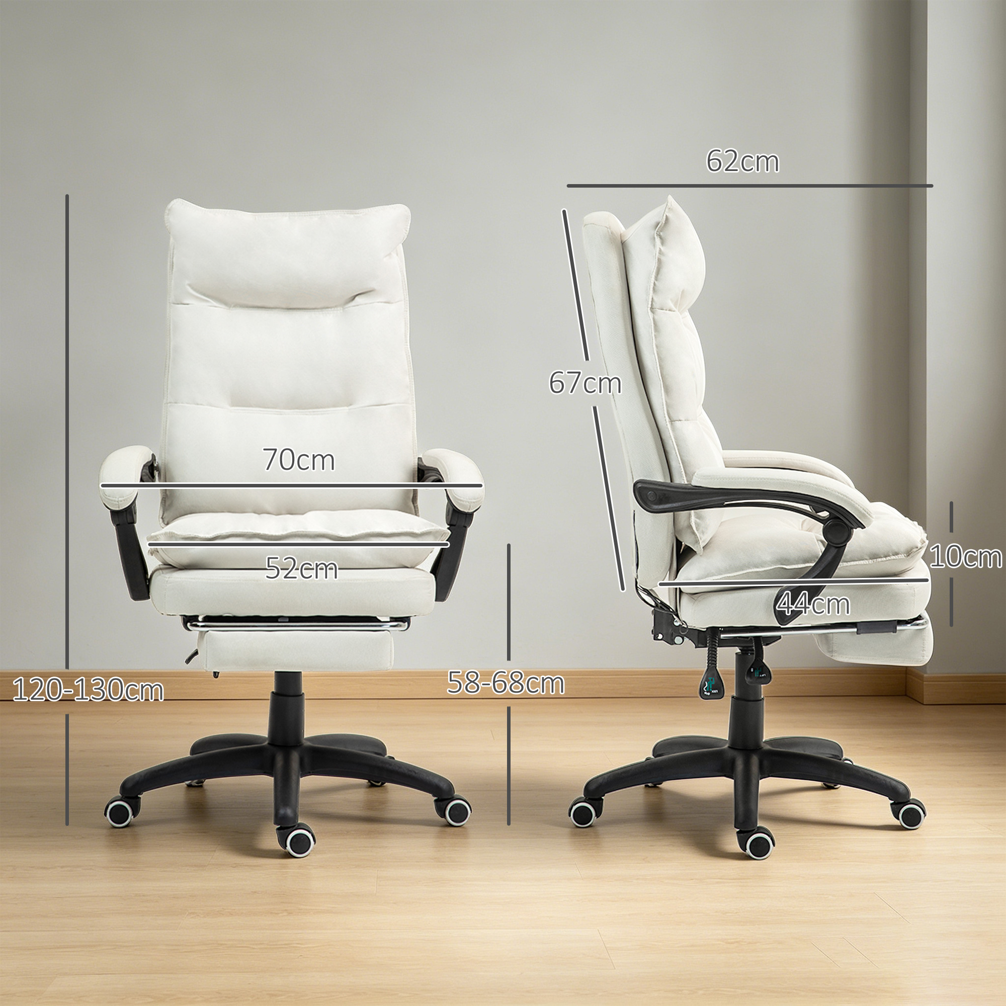 Silla de oficina ergonómica blanca con reposapiés y dimensiones de frente y perfil.