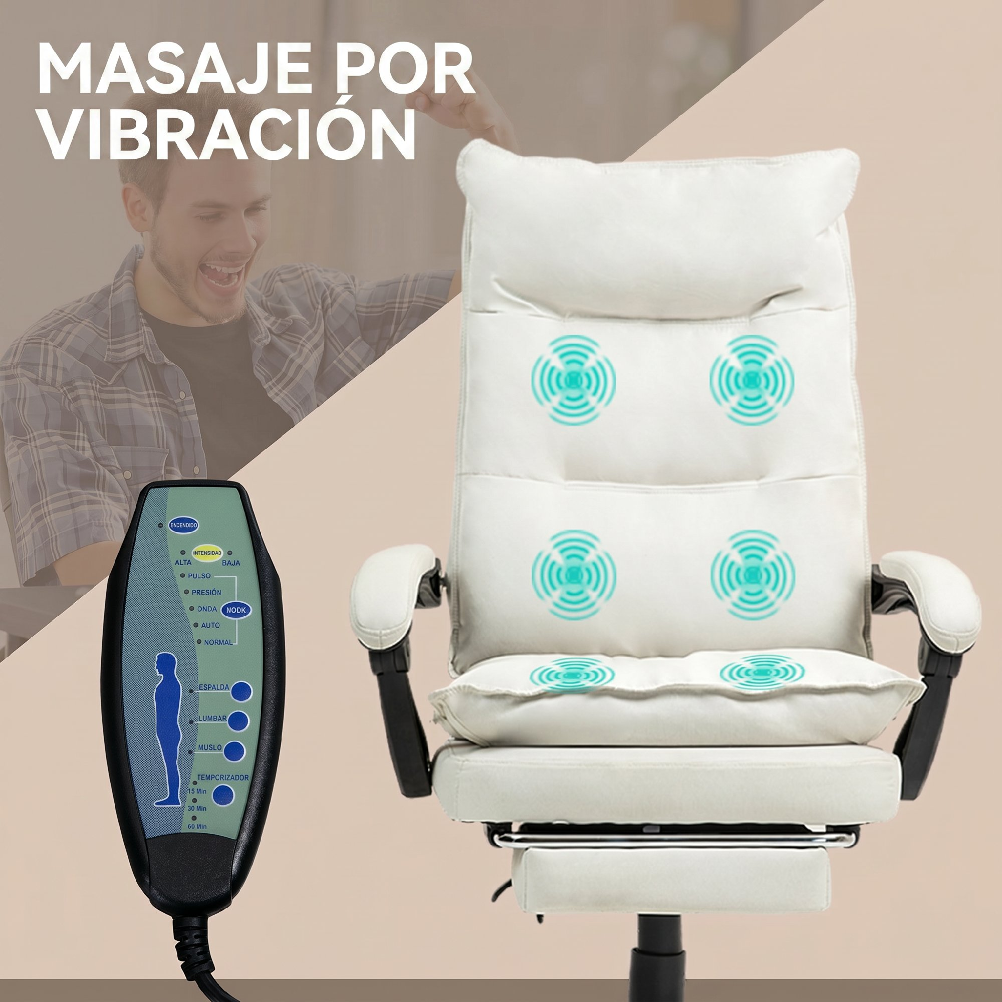 Silla de masaje blanca con control remoto y un hombre feliz al fondo.
