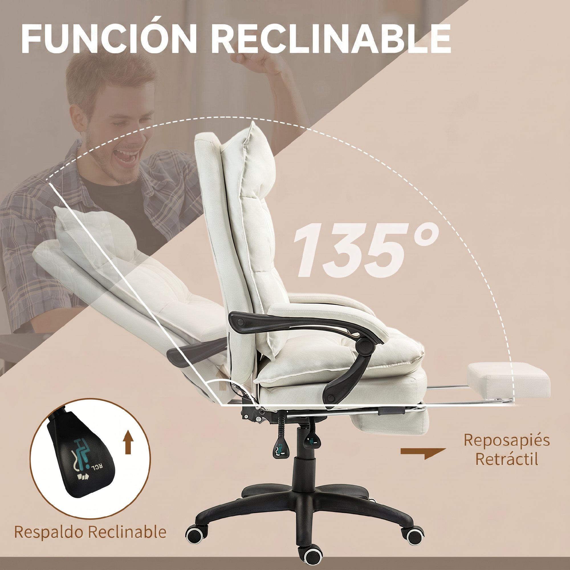 Silla de oficina blanca con función reclinable de 135 grados y reposapiés.