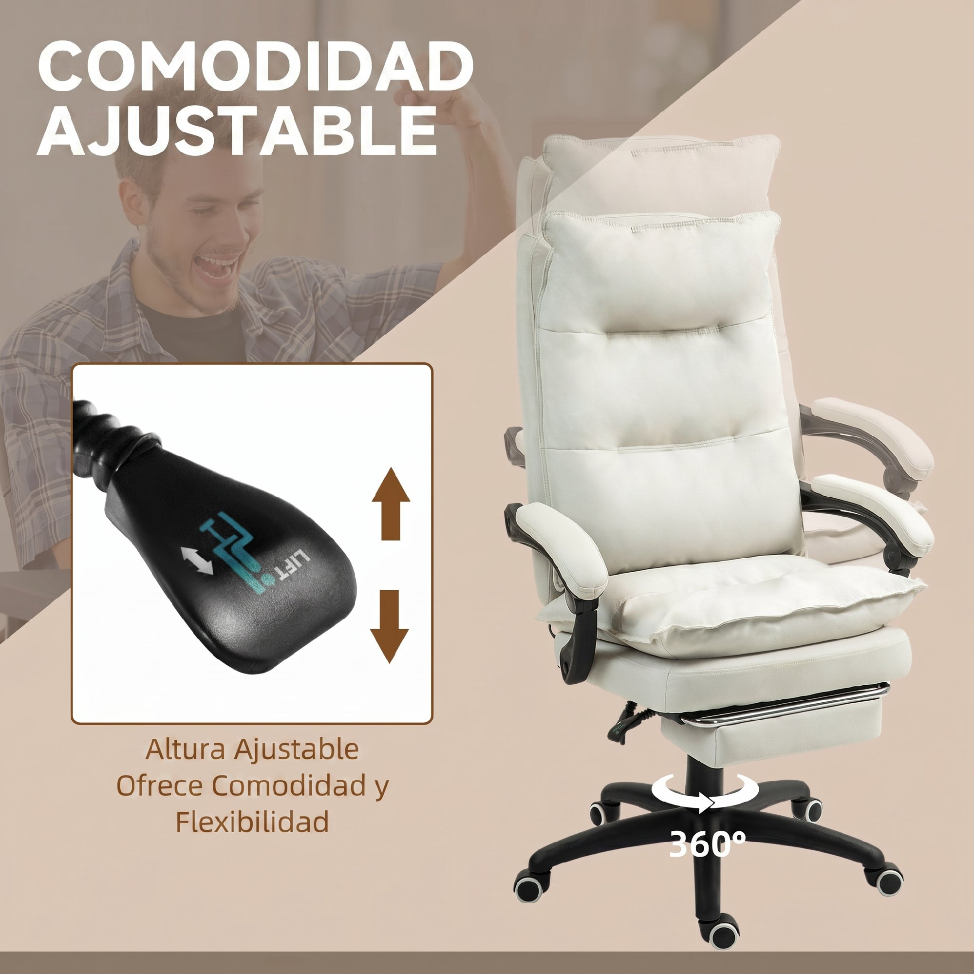 Silla de oficina blanca con altura ajustable, respaldo reclinable y reposapiés, con palanca de elevación y giro de 360°.