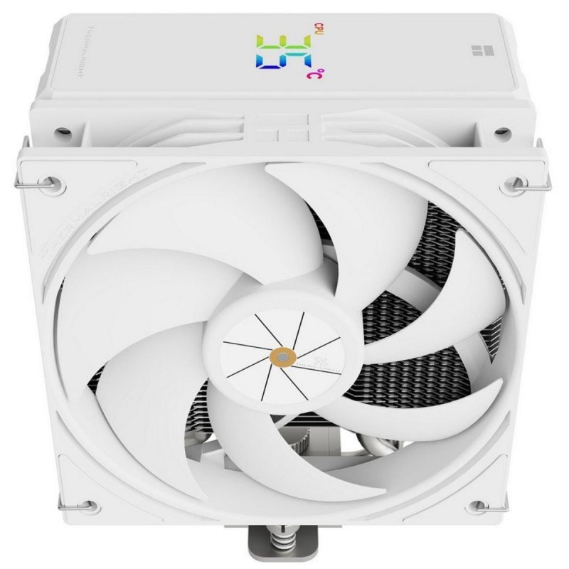 Vista cenital de un disipador de aire para CPU blanco con un ventilador grande y una pantalla digital pequeña.