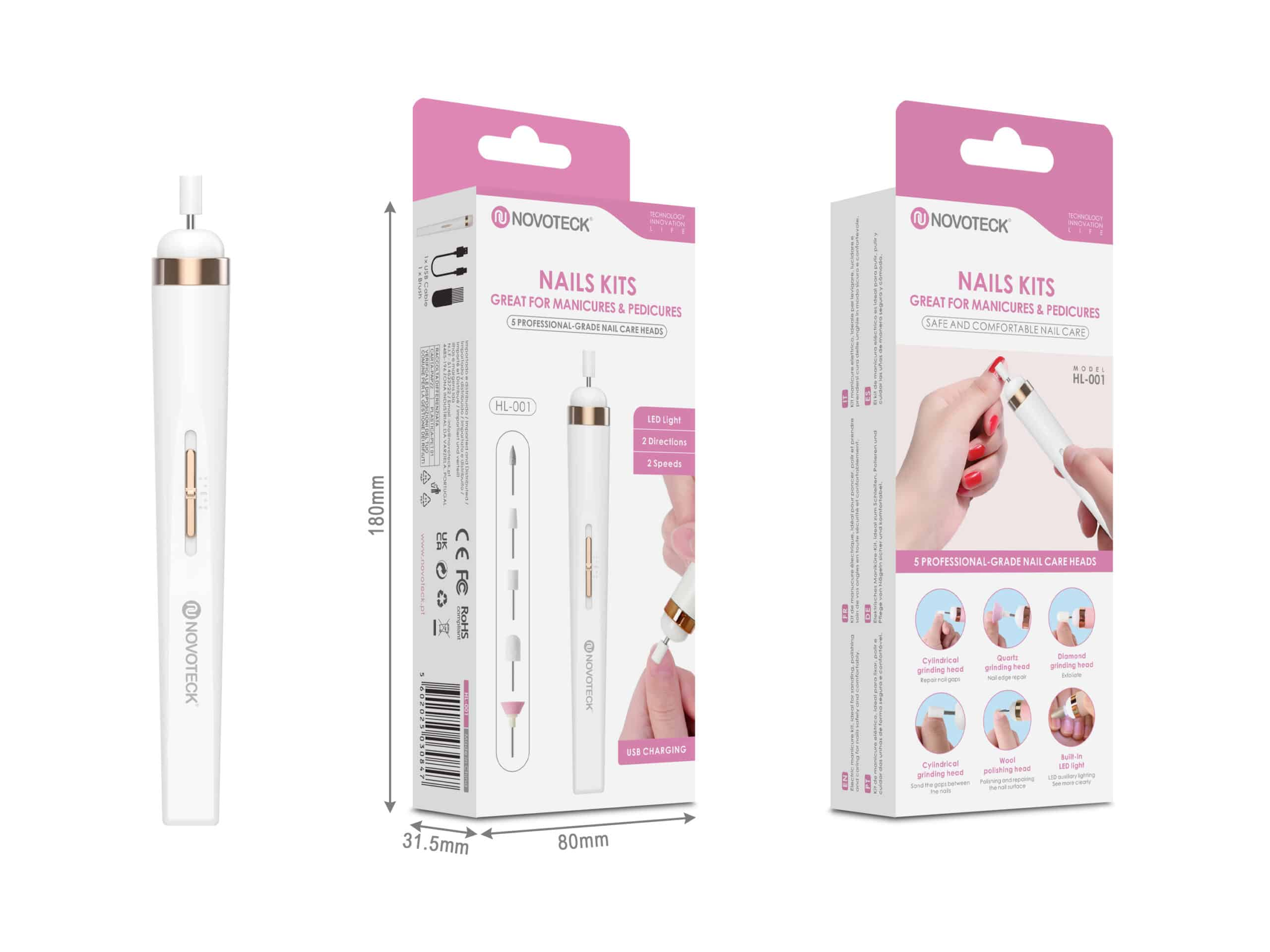 Kit per unghie elettrico Novoteck bianco e rosa con dispositivo a penna, testine e confezione.
