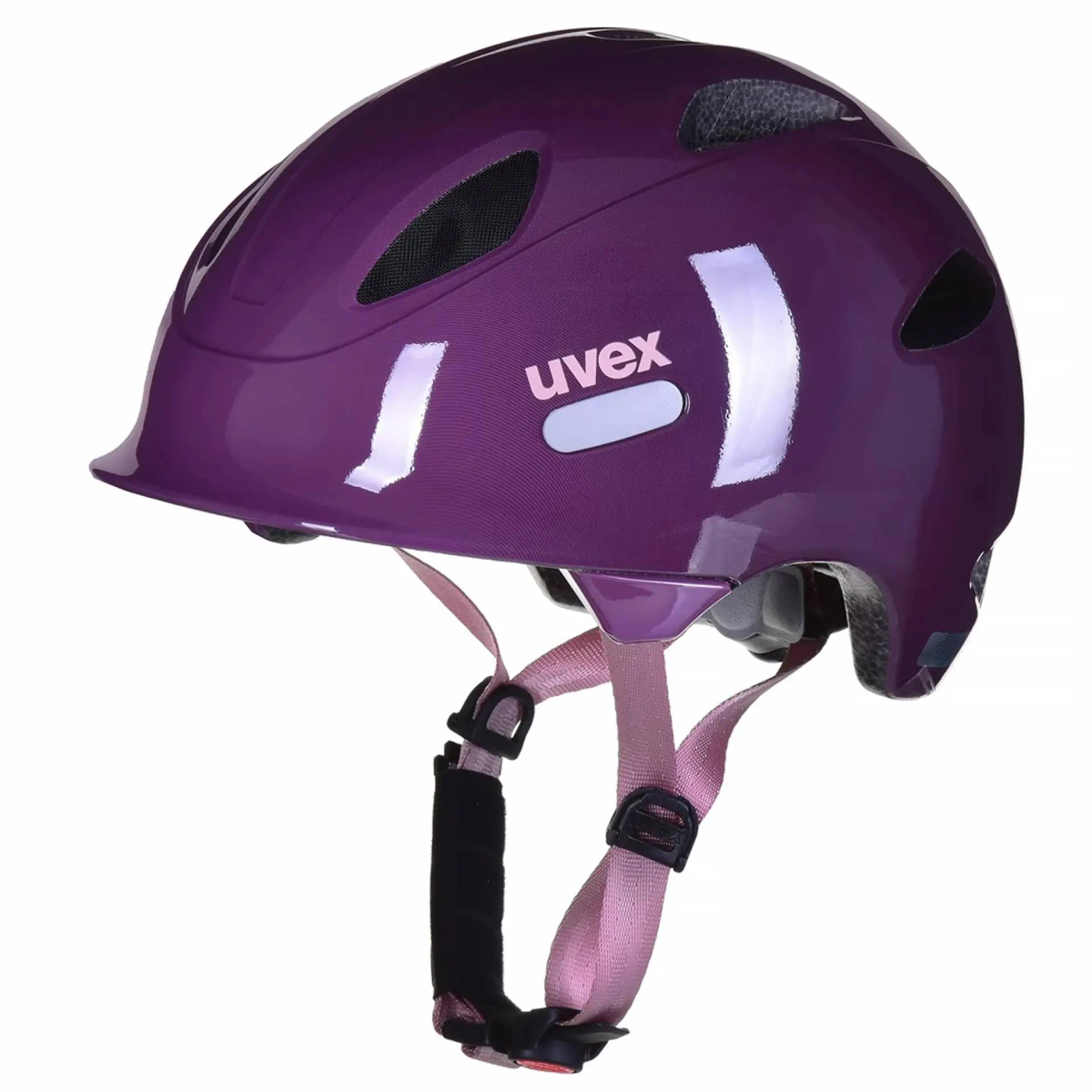 Ein glänzender lila Uvex Fahrradhelm mit rosa Riemen und reflektierenden weißen Akzenten auf weißem Hintergrund.