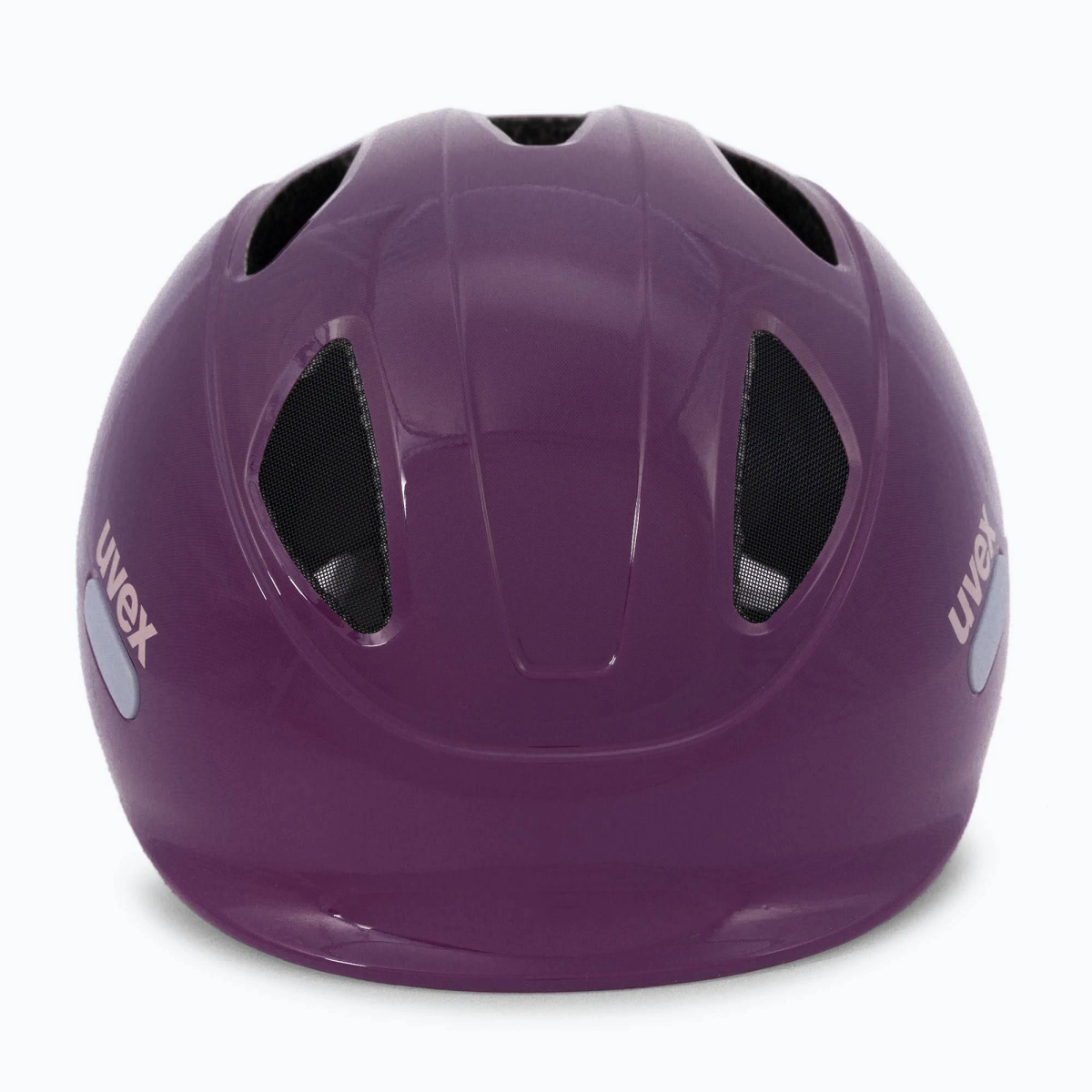 Ein glänzender, violetter Fahrradhelm mit schwarzen Belüftungsöffnungen und dem Uvex-Logo auf der Seite.