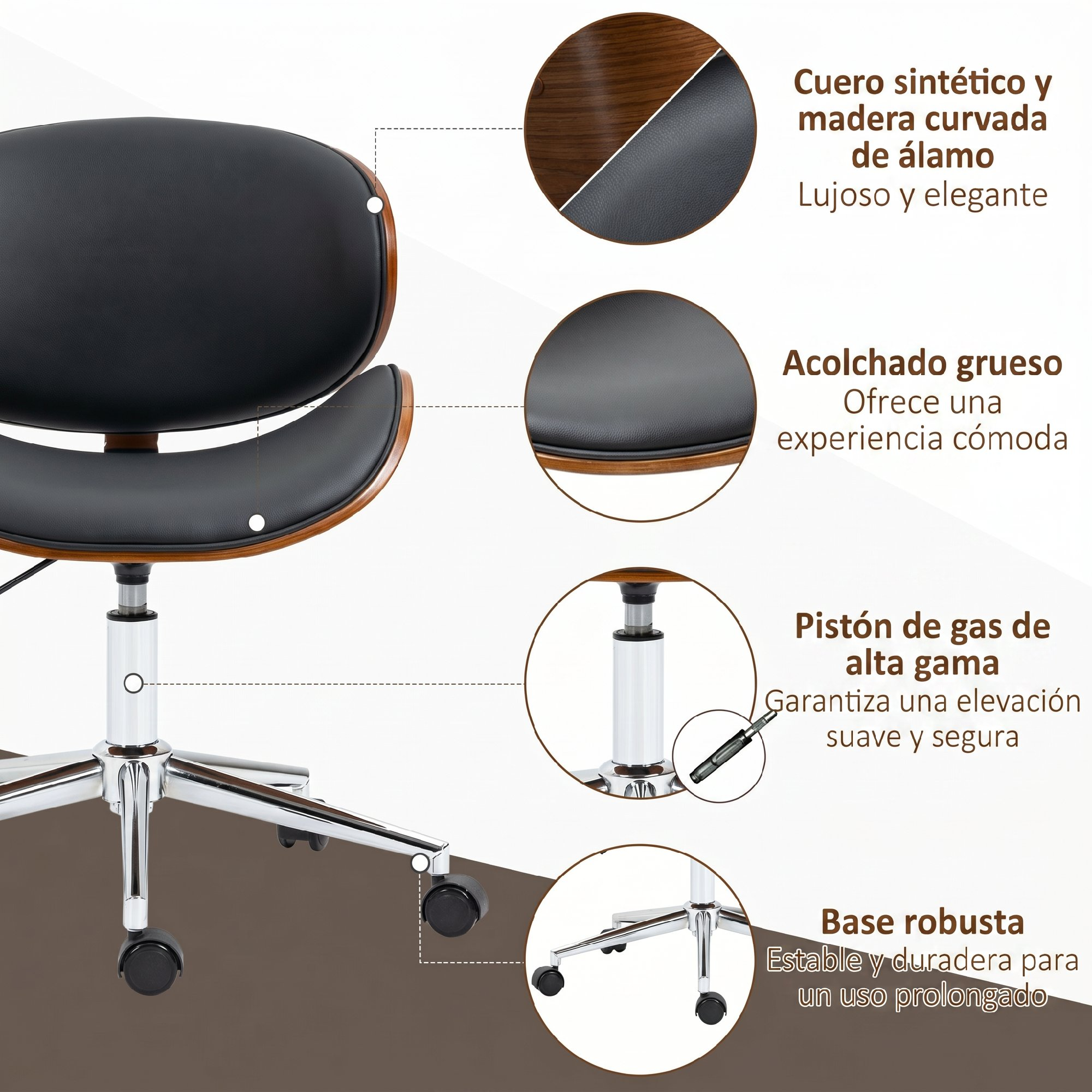 Una silla de oficina negra con madera y ruedas muestra detalles en cuatro recortes circulares con texto en español.