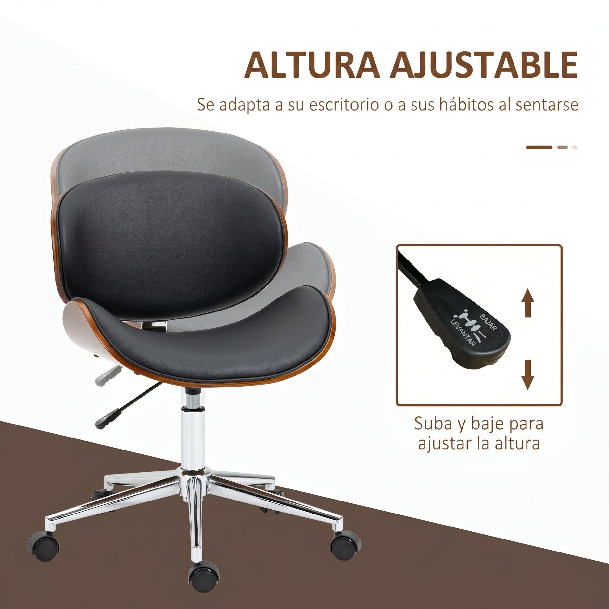 Una silla de oficina negra ajustable en altura con marco de madera y ruedas.