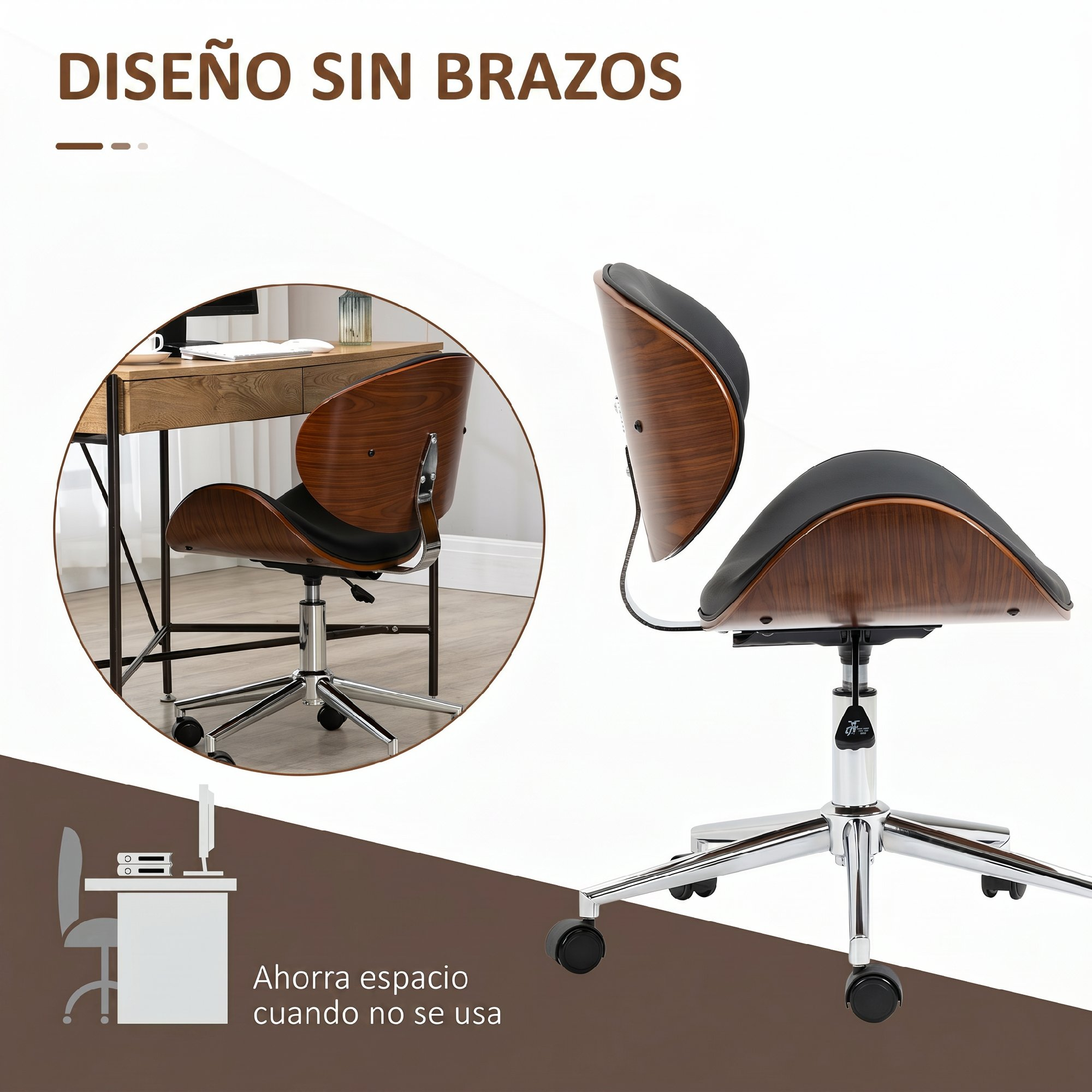 Silla de oficina sin brazos con chapa de madera, asiento negro y ruedas cromadas sobre fondo blanco y marrón.