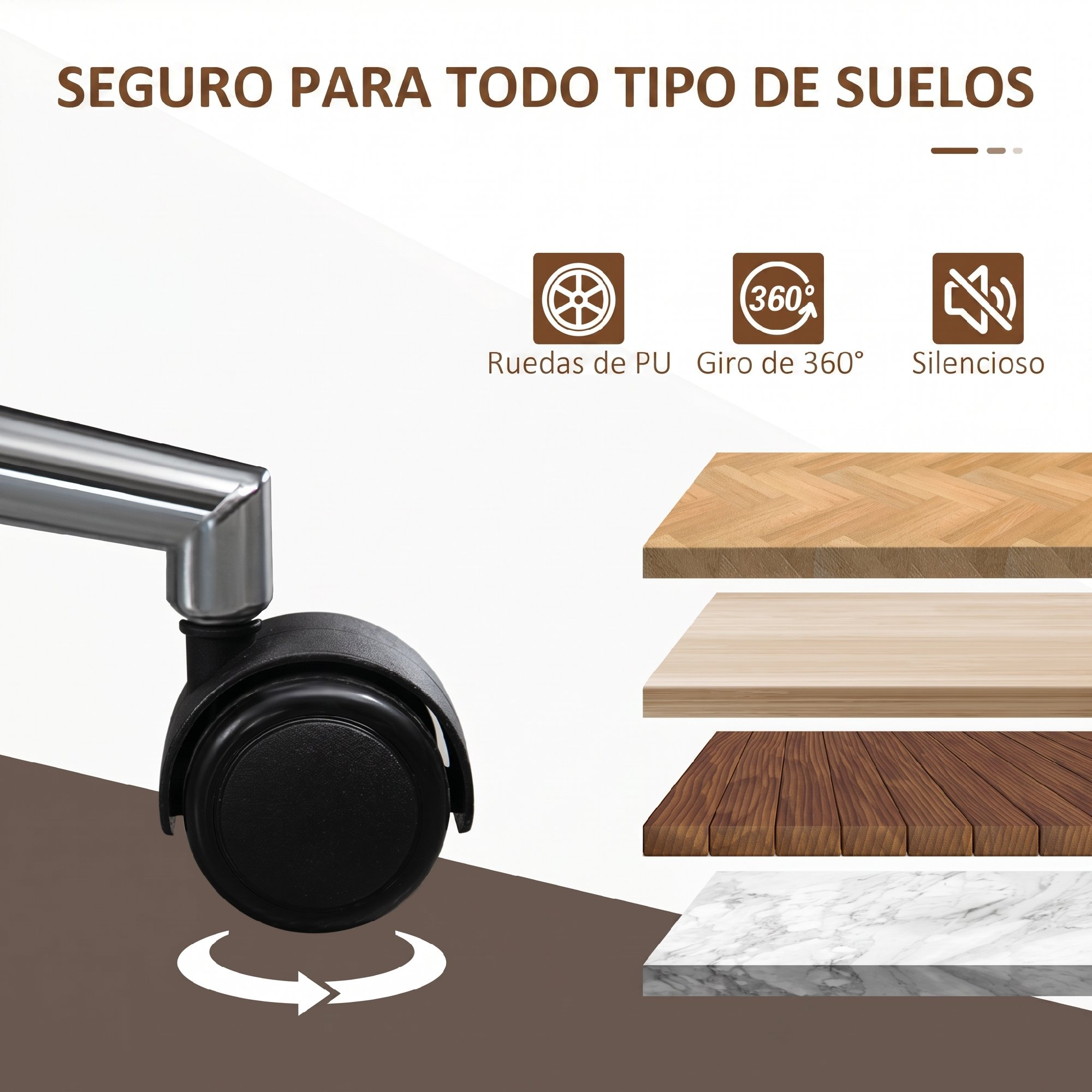 Rueda de silla segura para todo tipo de suelos, silenciosa y giro 360.