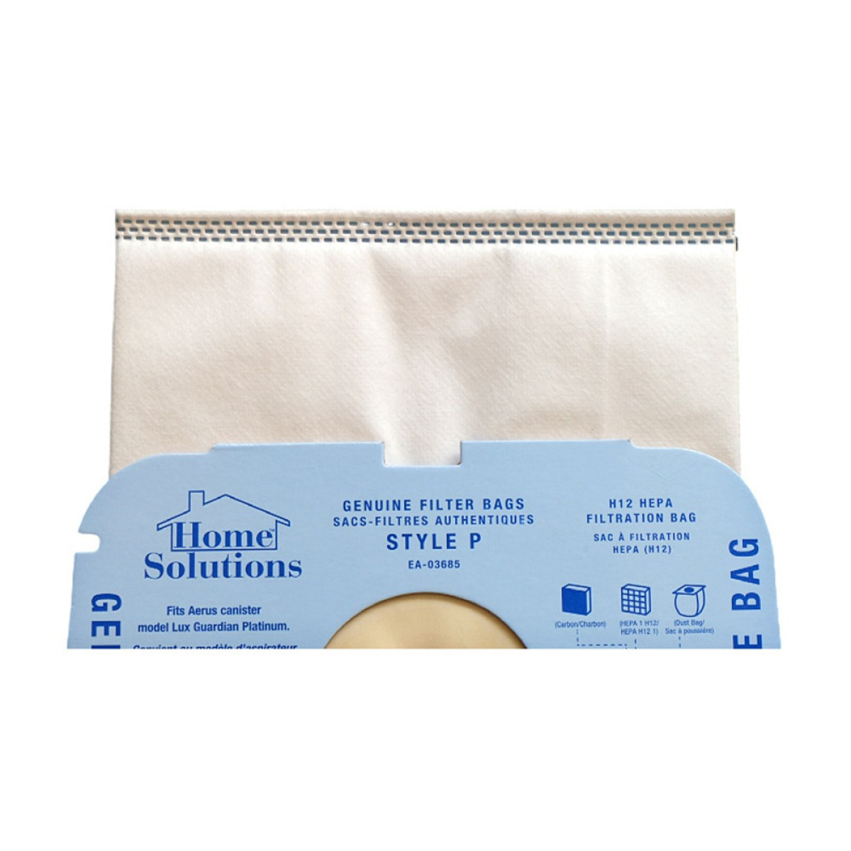 Ein weißer Home Solutions Filterbeutel Stil P mit blauer Kartusche auf weißem Hintergrund.