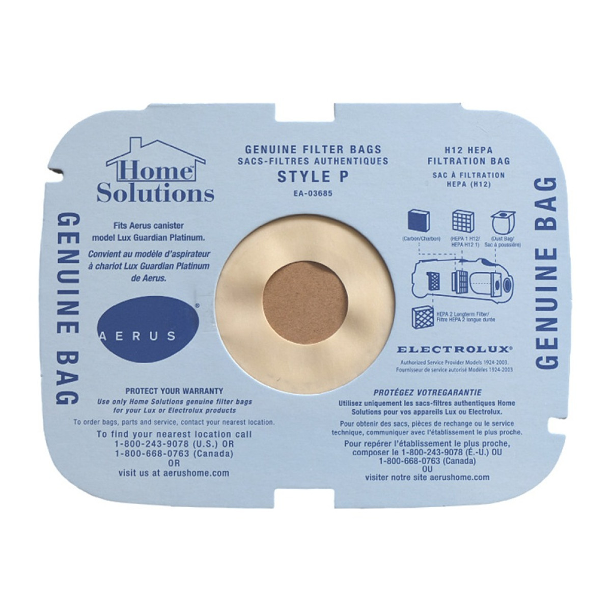 Blaue Home Solutions Style P Ersatzfiltertüte mit rundem Loch und Text in Englisch und Französisch.
