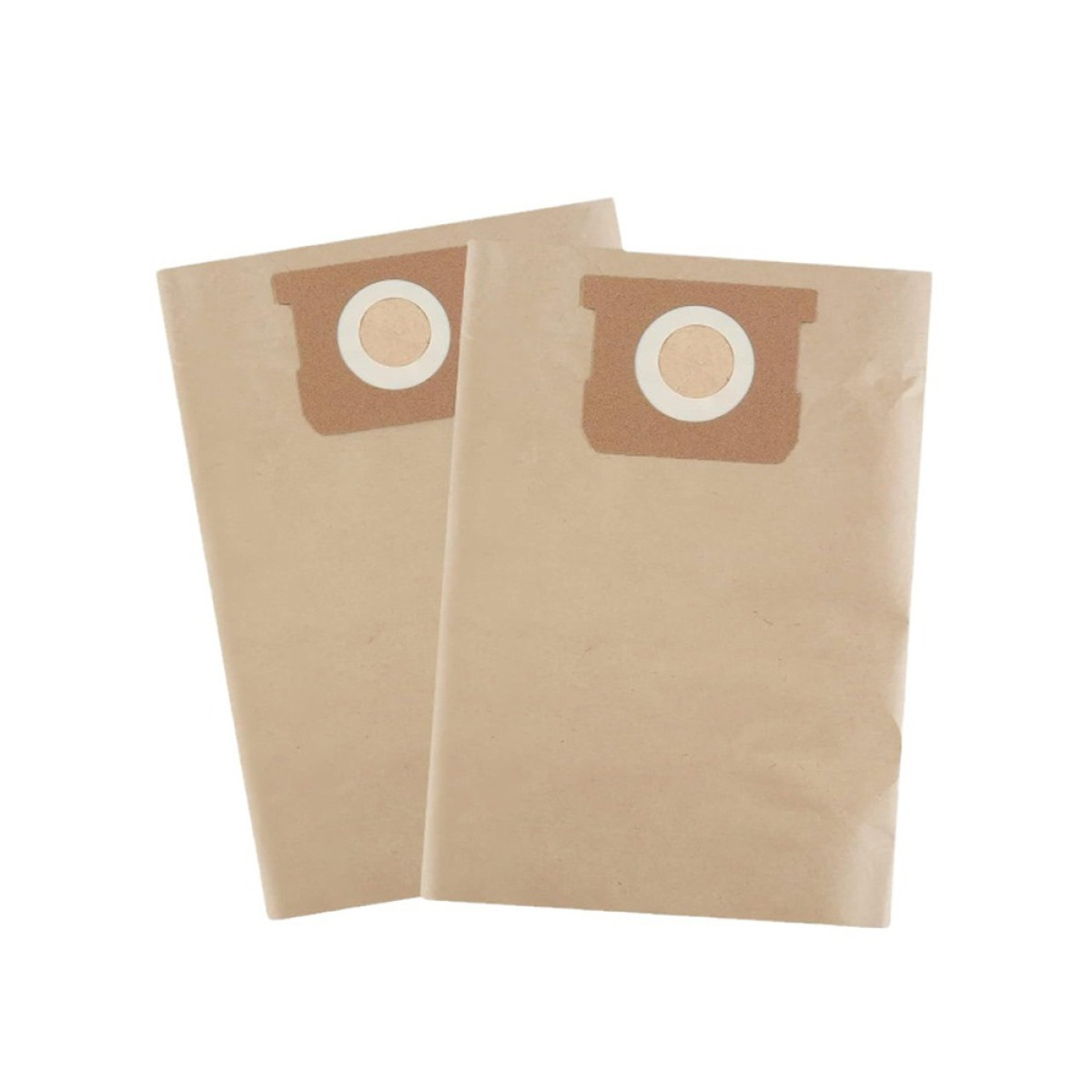 Due sacchetti per aspirapolvere in carta marrone con colletto in cartone su sfondo bianco.