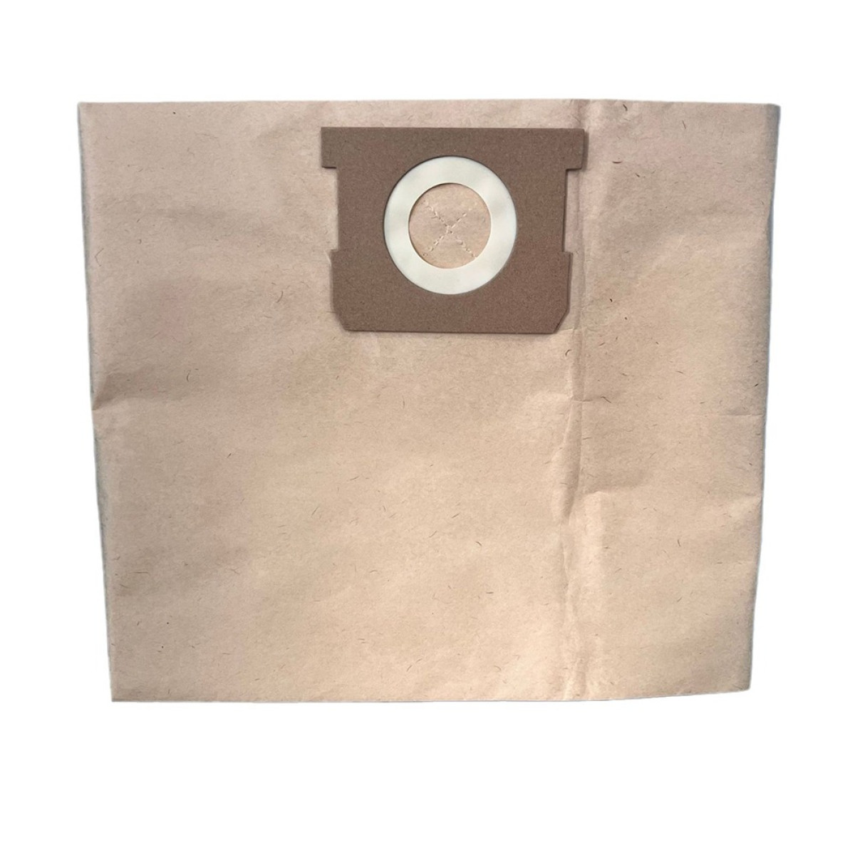 Un sacchetto per aspirapolvere in carta marrone con collare in cartone e apertura centrale, su sfondo bianco.