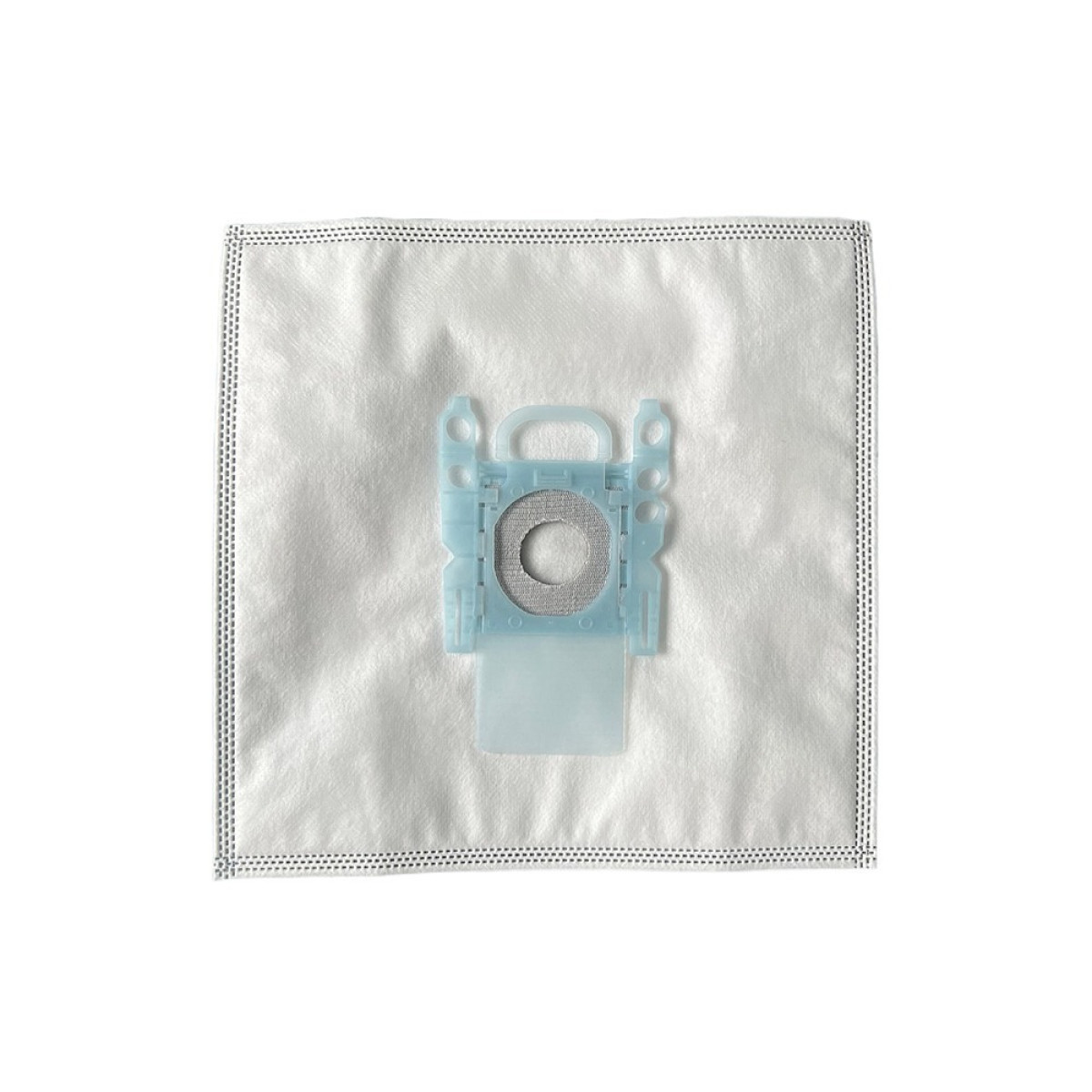 Ein weißer Staubsaugerbeutel mit einer hellblauen Kunststoffhalterung auf weißem Hintergrund.