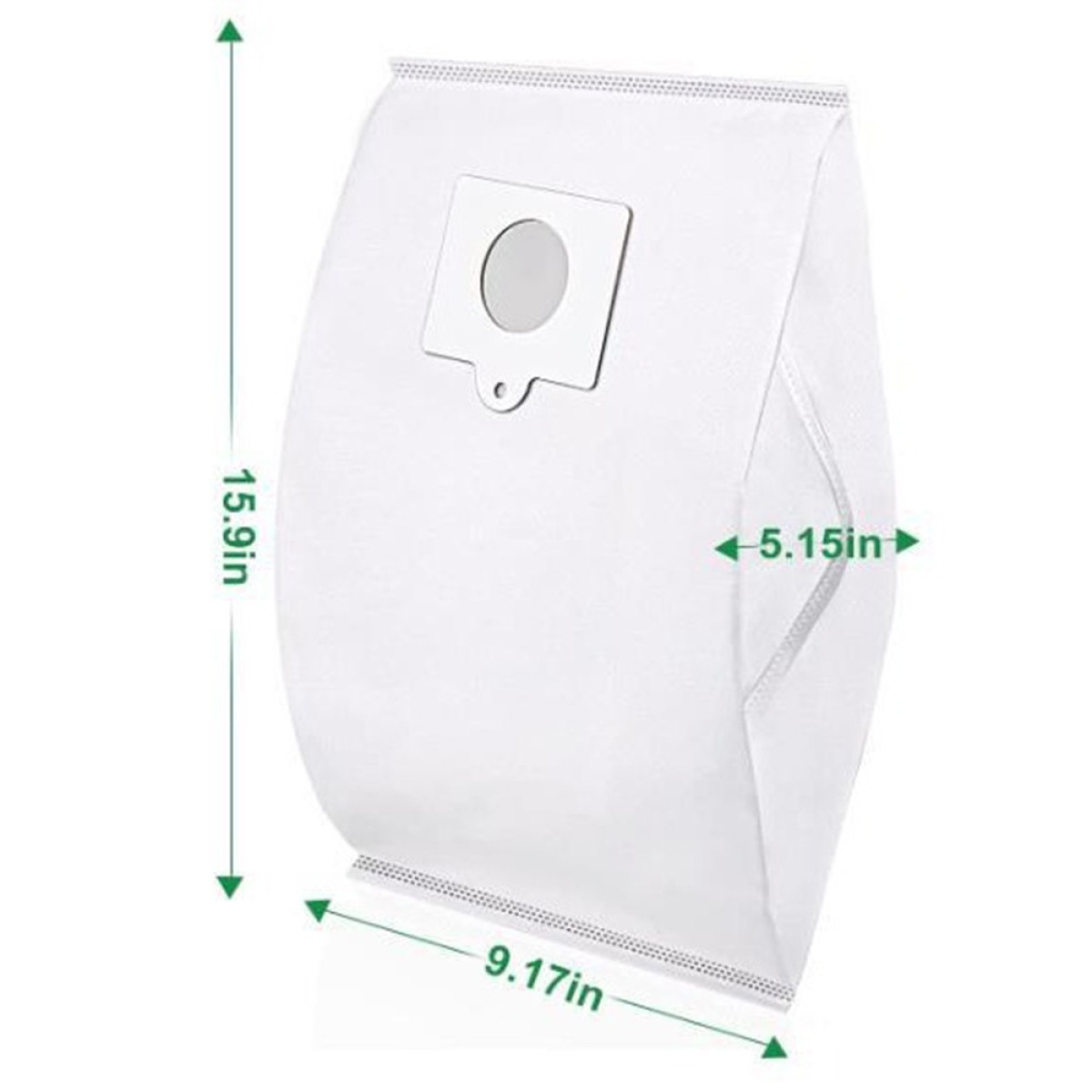 Weisser Staubsaugerbeutel mit Massen: 15.9 Zoll Hoehe, 9.17 Zoll Breite und 5.15 Zoll Tiefe.