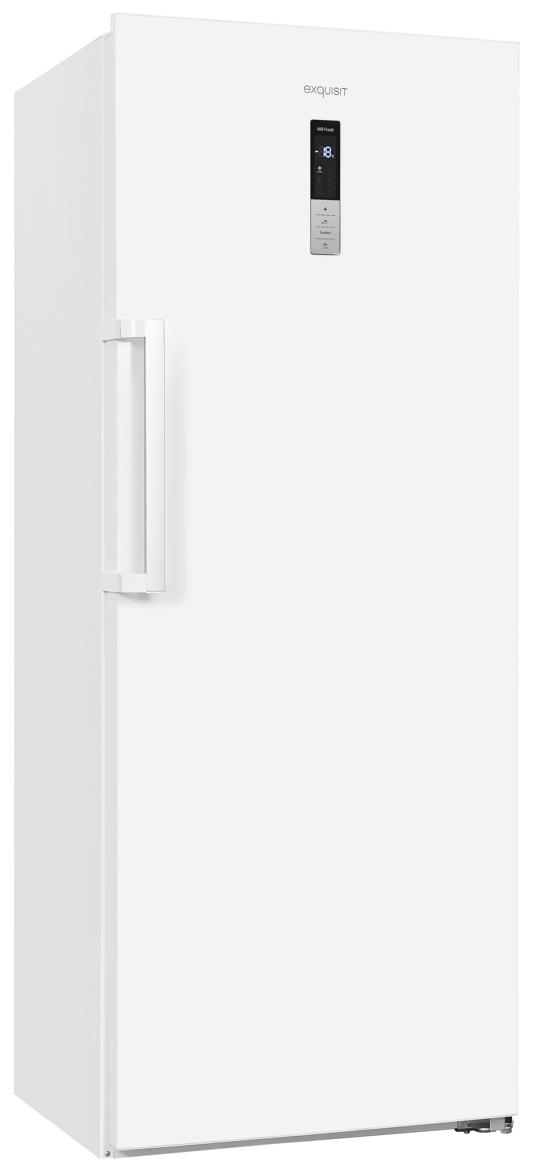 Ein weißer Exquisit Gefrierschrank mit vertikalem Griff und digitalem Display oben.