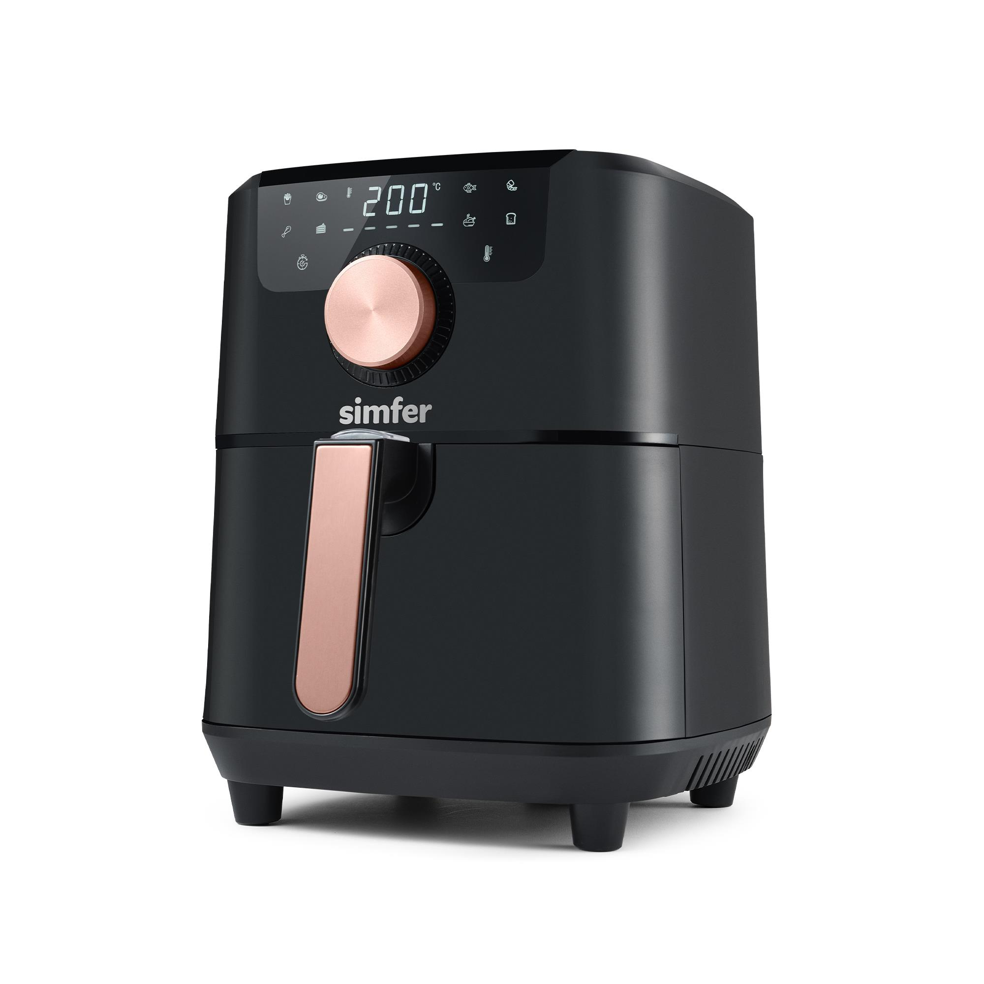 Beyaz arka planda gül kurusu detayları ve dijital ekranı olan siyah Simfer airfryer.