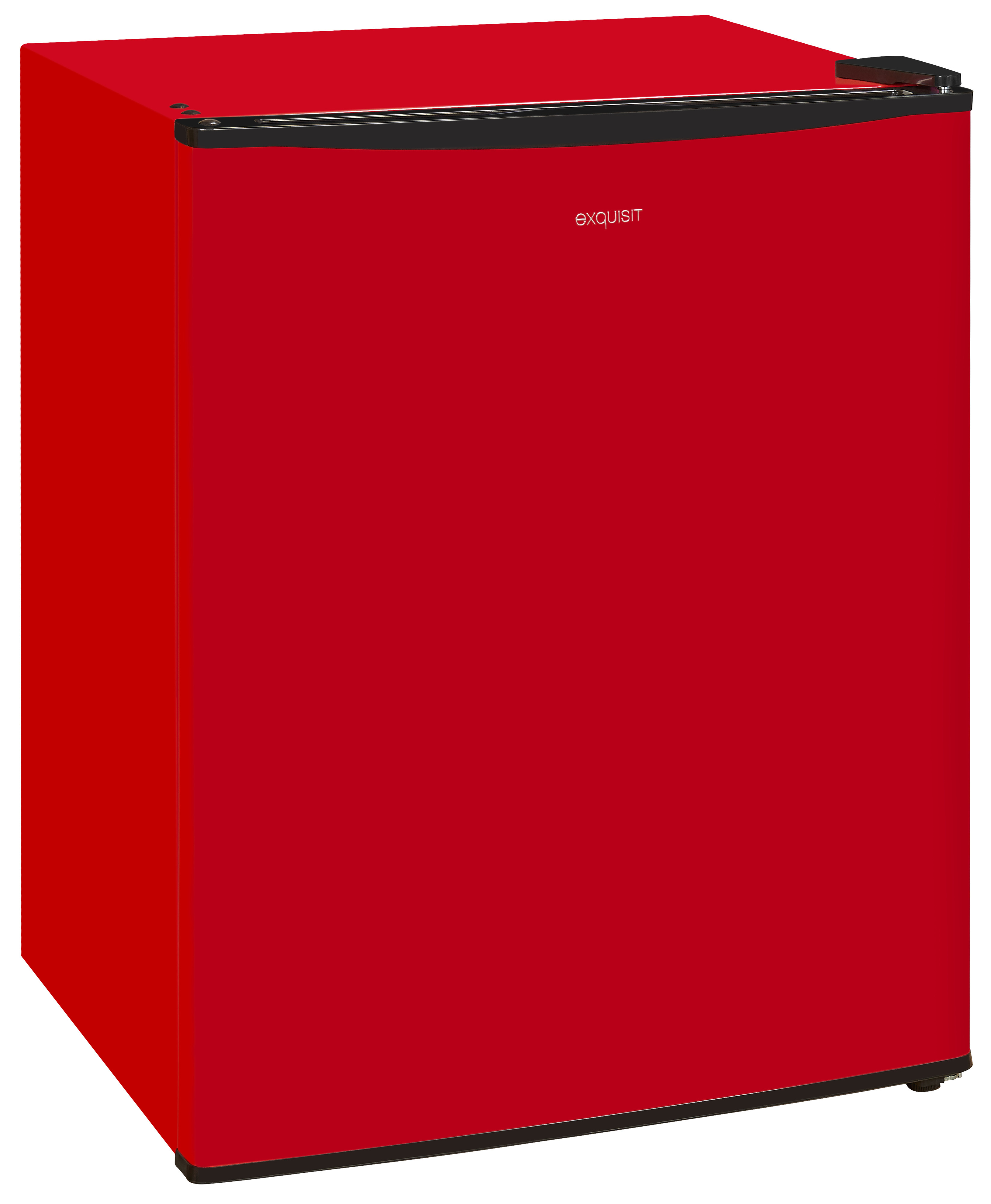 Ein kompakter roter Mini-Kühlschrank mit schwarzem Griff und Exquisit-Logo auf weißem Hintergrund.