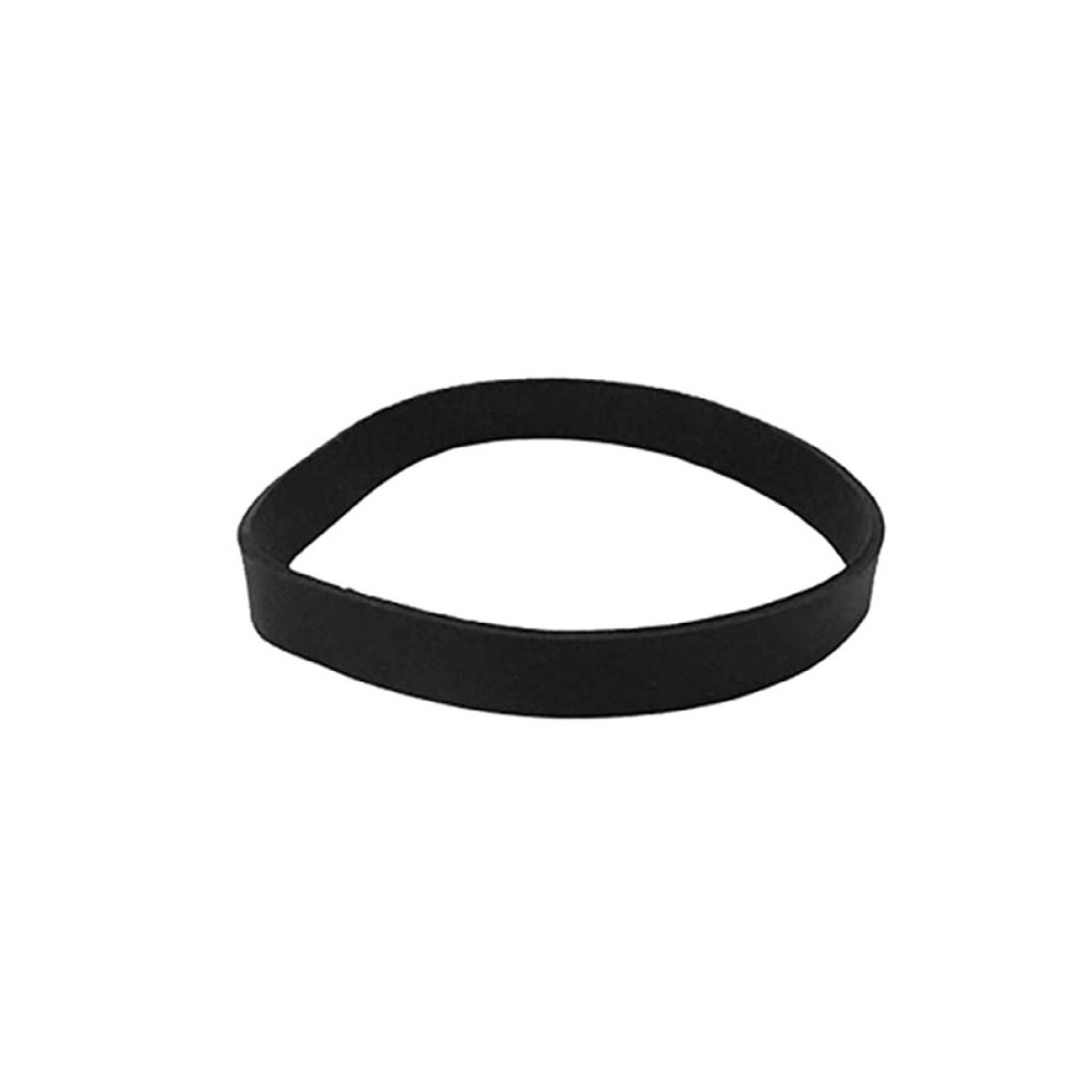 Ein einfaches schwarzes Gummiband vor einem schlichten weißen Hintergrund.