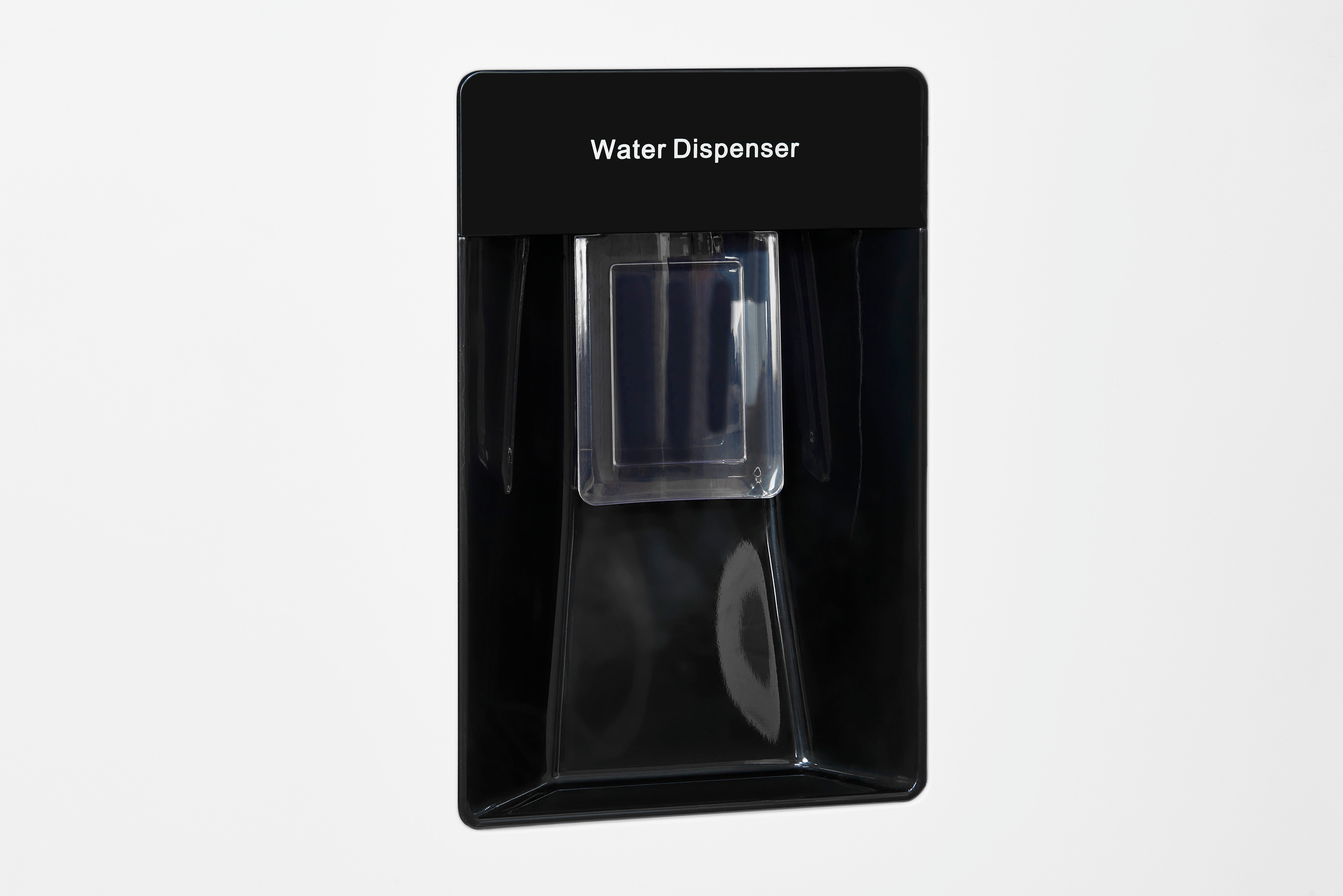 Ein schwarzer Wasserspender mit transparenter Bedienfläche vor einem weißen Hintergrund.