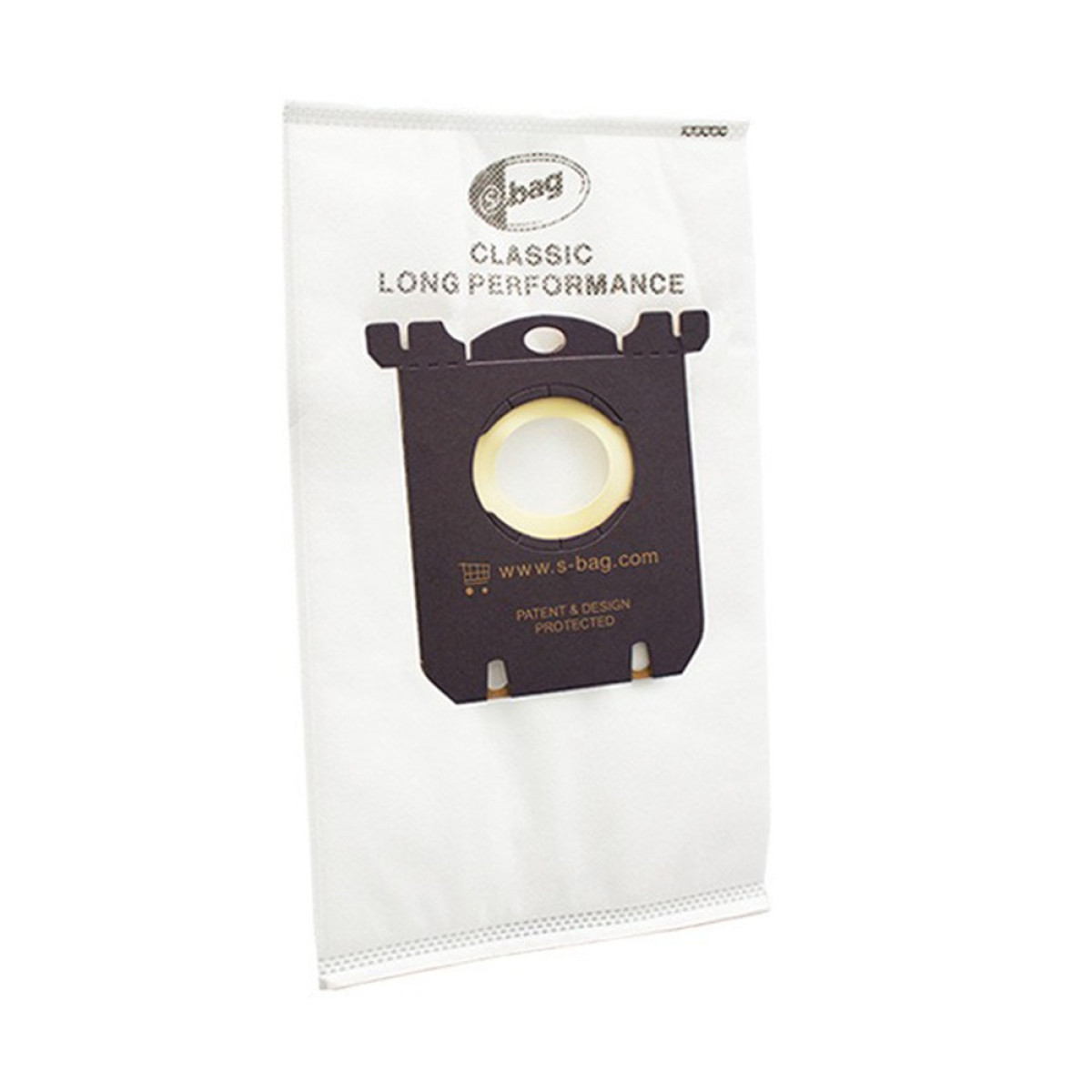 Un sacchetto per aspirapolvere bianco Classic Long Performance con collare in cartone nero.