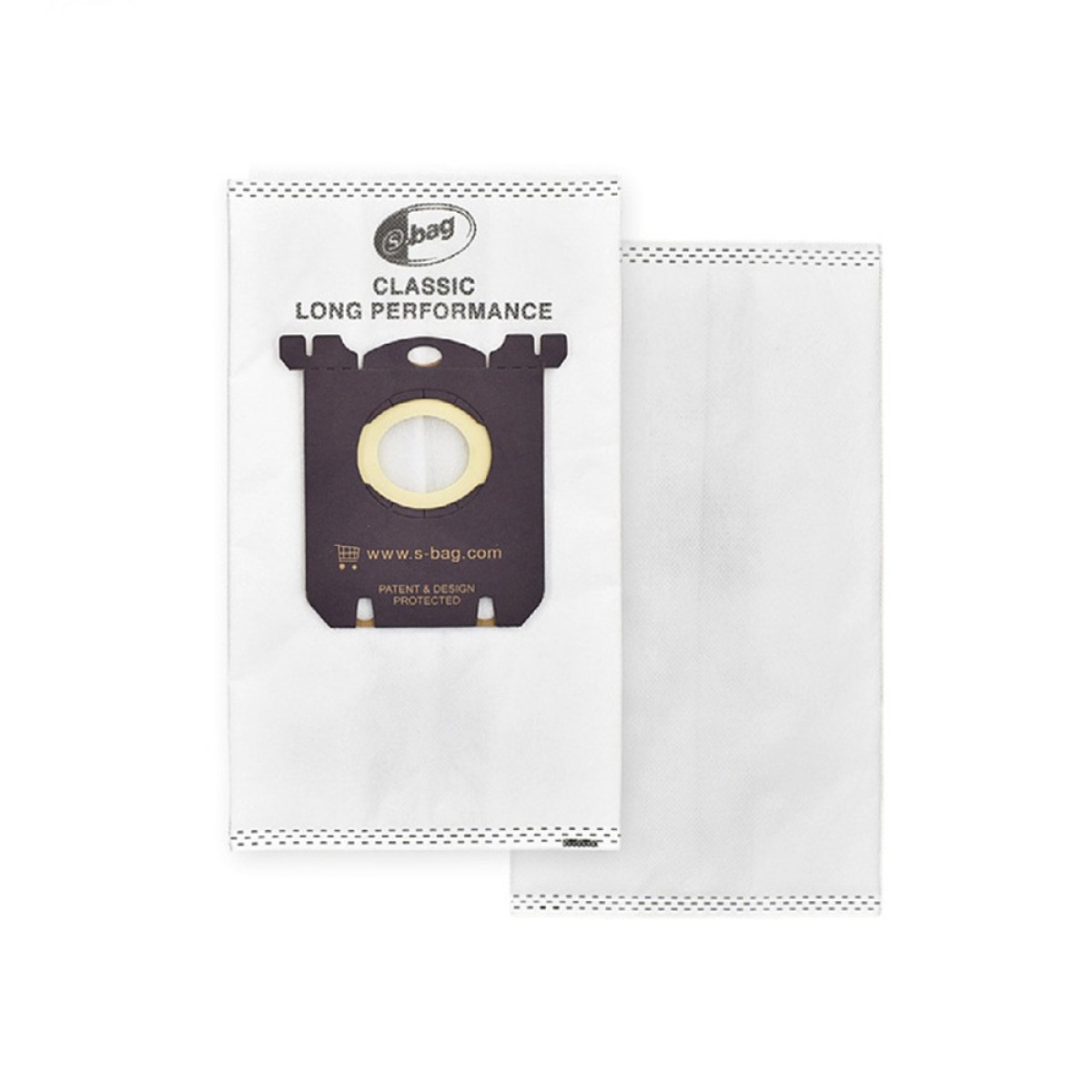 Due sacchetti per aspirapolvere s-bag bianchi con collare nero e testo su sfondo bianco.