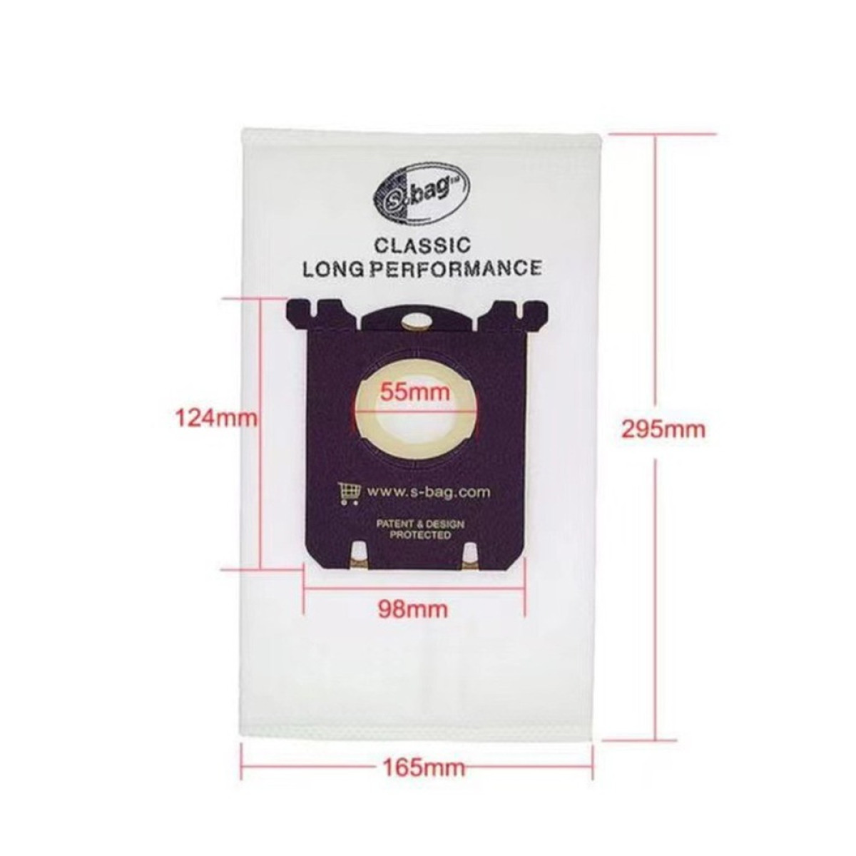 Un sacchetto per aspirapolvere bianco con dimensioni, un collare di cartone viola e la scritta Classic Long Performance.