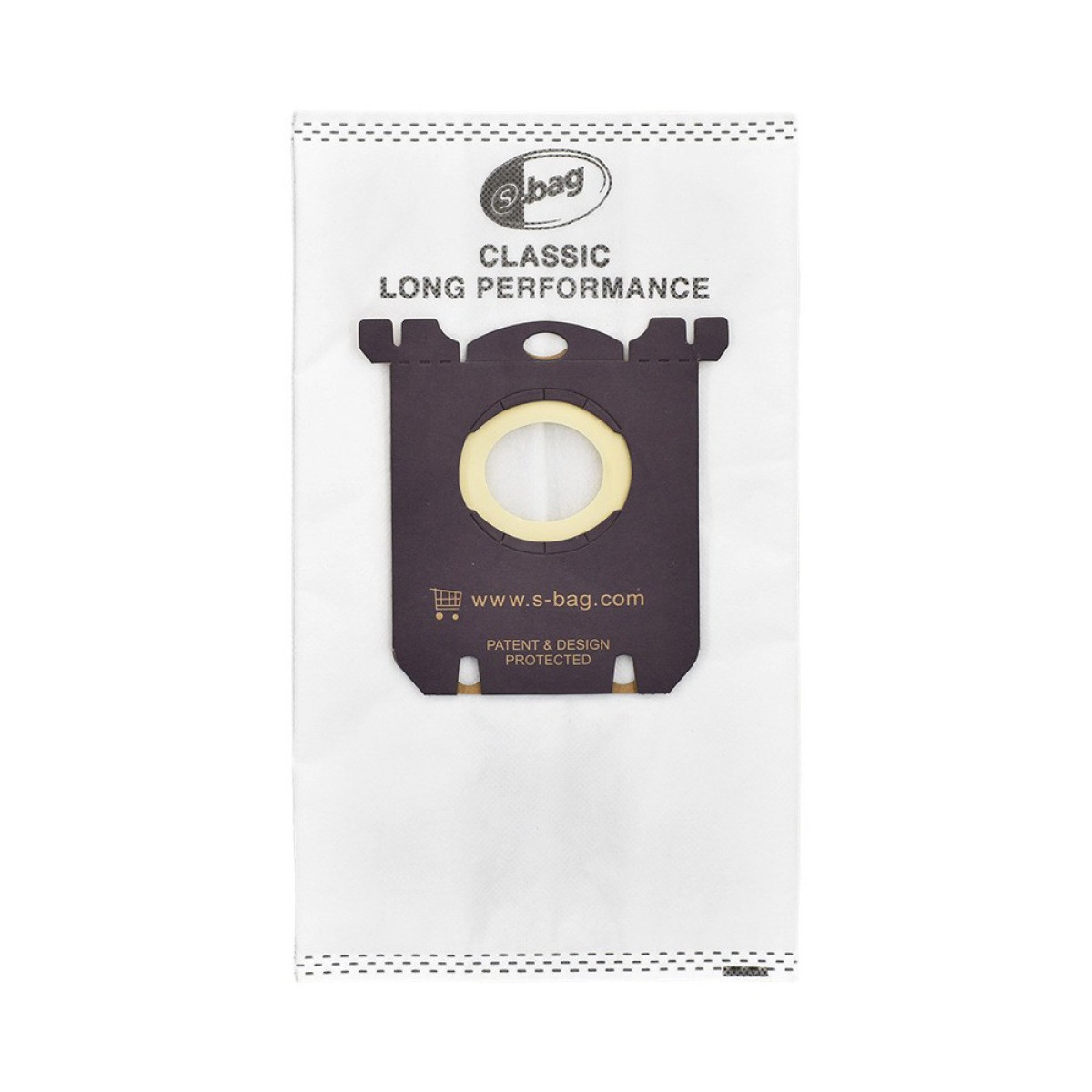 Un sacchetto per aspirapolvere S-bag Classic Long Performance bianco con collare in cartone scuro.