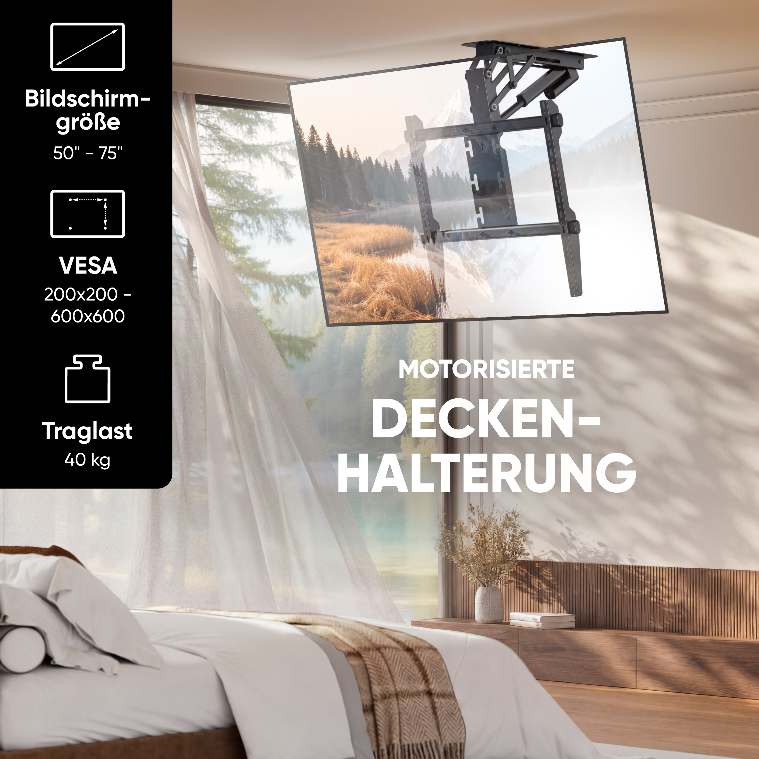 Motorisierte Deckenhalterung für Bildschirme von 50-75 Zoll in einem hellen Schlafzimmer.