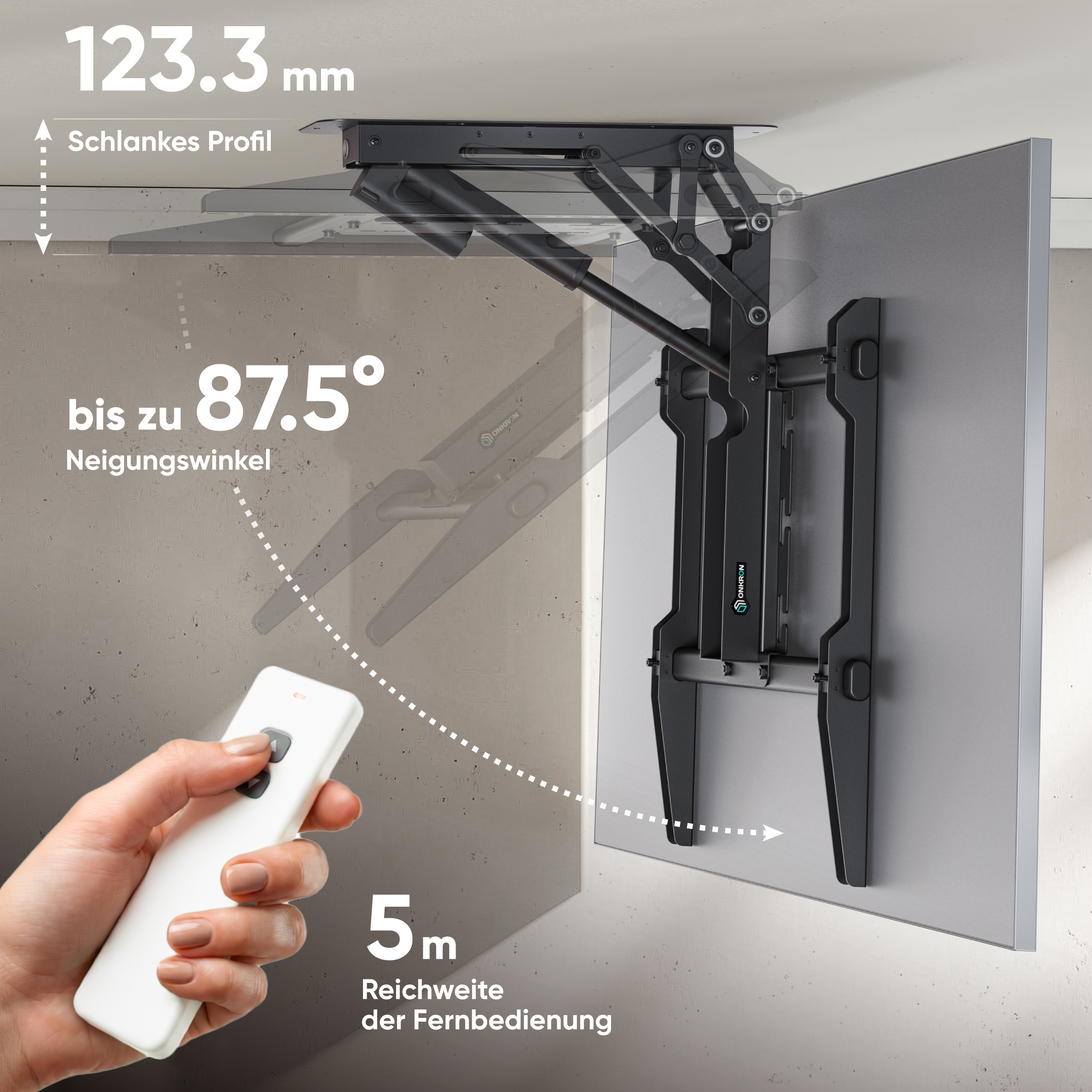 Motorisierte Deckenhalterung für Fernseher mit Fernbedienung, Maßangaben und Neigungswinkel.